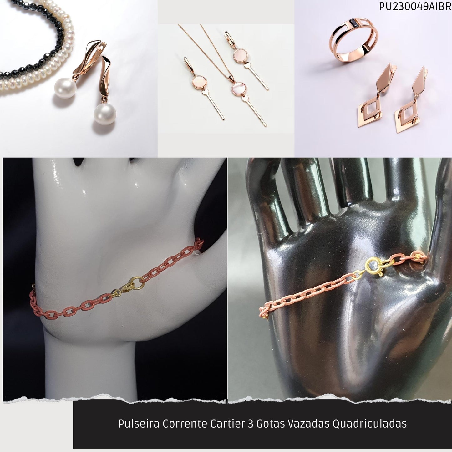 Pulseira Corrente Cartier 3 Gotas Vazadas Quadriculadas  - Código.: PU230049AIBR  - Peso.: 2.7 gr