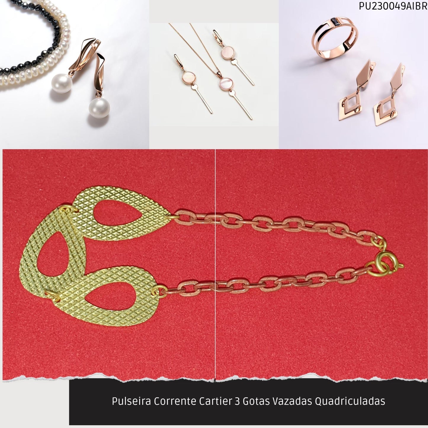 Pulseira Corrente Cartier 3 Gotas Vazadas Quadriculadas  - Código.: PU230049AIBR  - Peso.: 2.7 gr