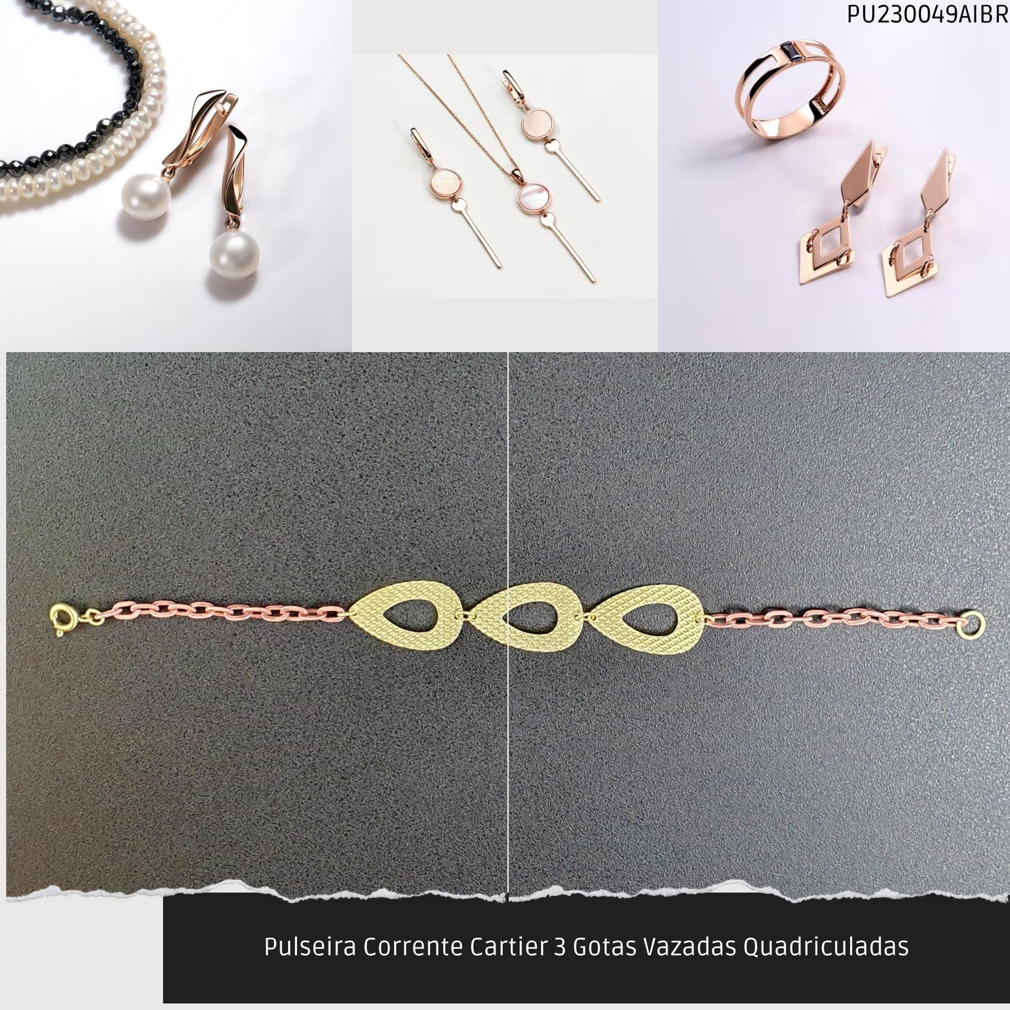 Pulseira Corrente Cartier 3 Gotas Vazadas Quadriculadas  - Código.: PU230049AIBR  - Peso.: 2.7 gr