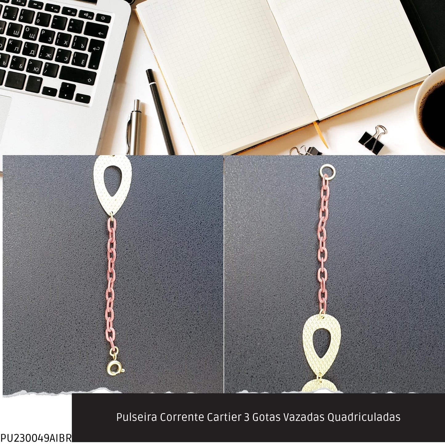 Pulseira Corrente Cartier 3 Gotas Vazadas Quadriculadas  - Código.: PU230049AIBR  - Peso.: 2.7 gr