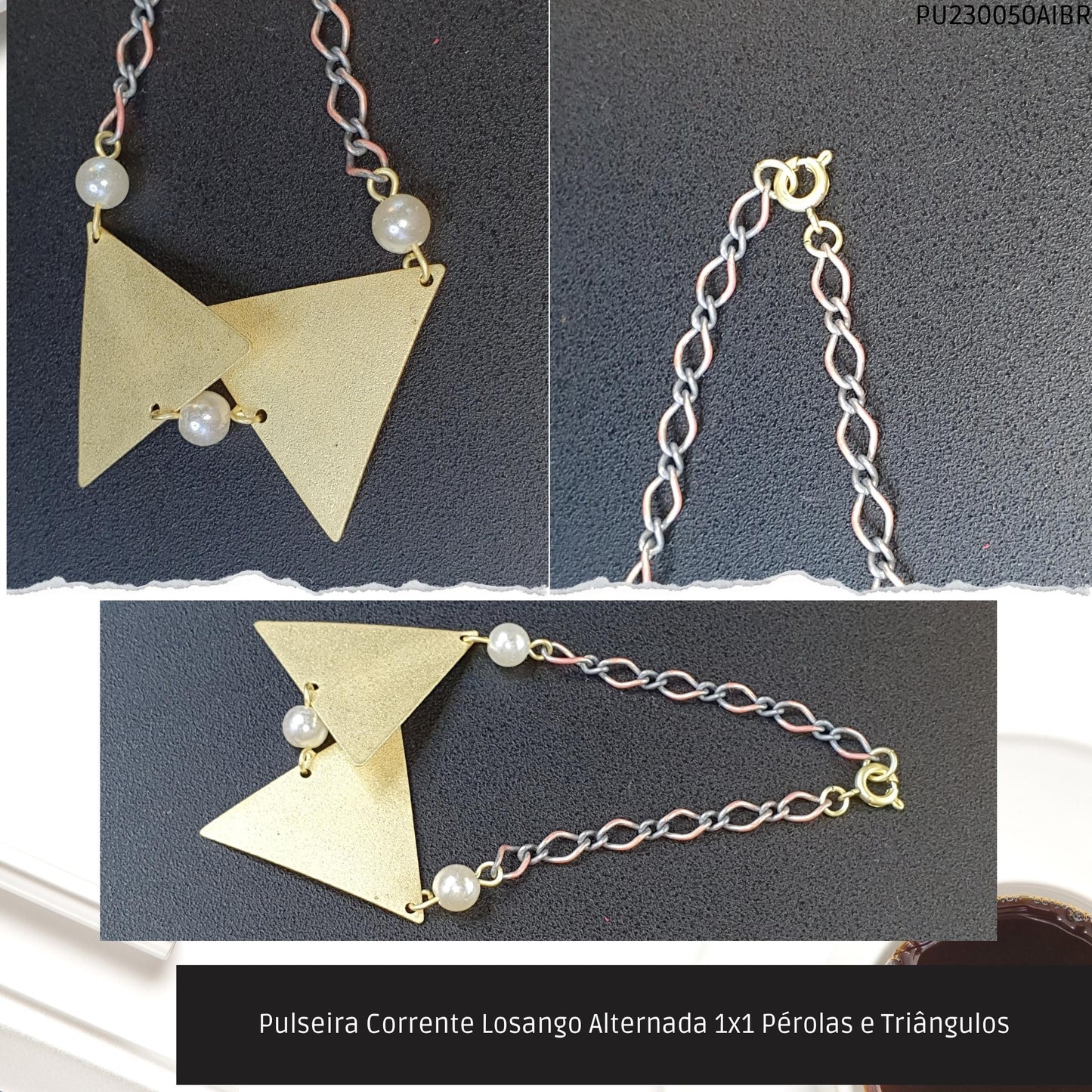 Pulseira Corrente Losango Alternada 1x1 Pérolas e Triângulos  - Código.: PU230050AIBR  - Peso.: 5.0 gr
