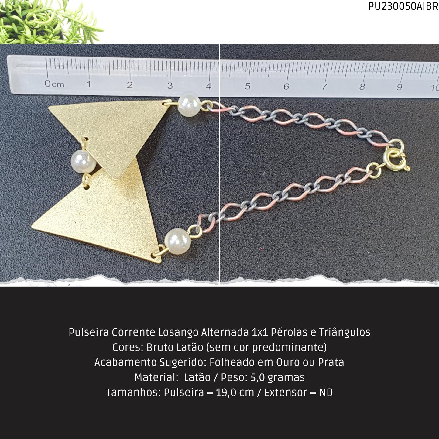 Pulseira Corrente Losango Alternada 1x1 Pérolas e Triângulos  - Código.: PU230050AIBR  - Peso.: 5.0 gr