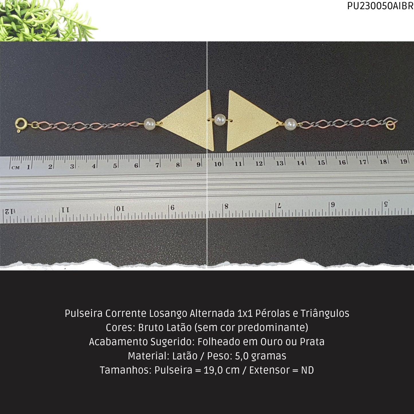 Pulseira Corrente Losango Alternada 1x1 Pérolas e Triângulos  - Código.: PU230050AIBR  - Peso.: 5.0 gr