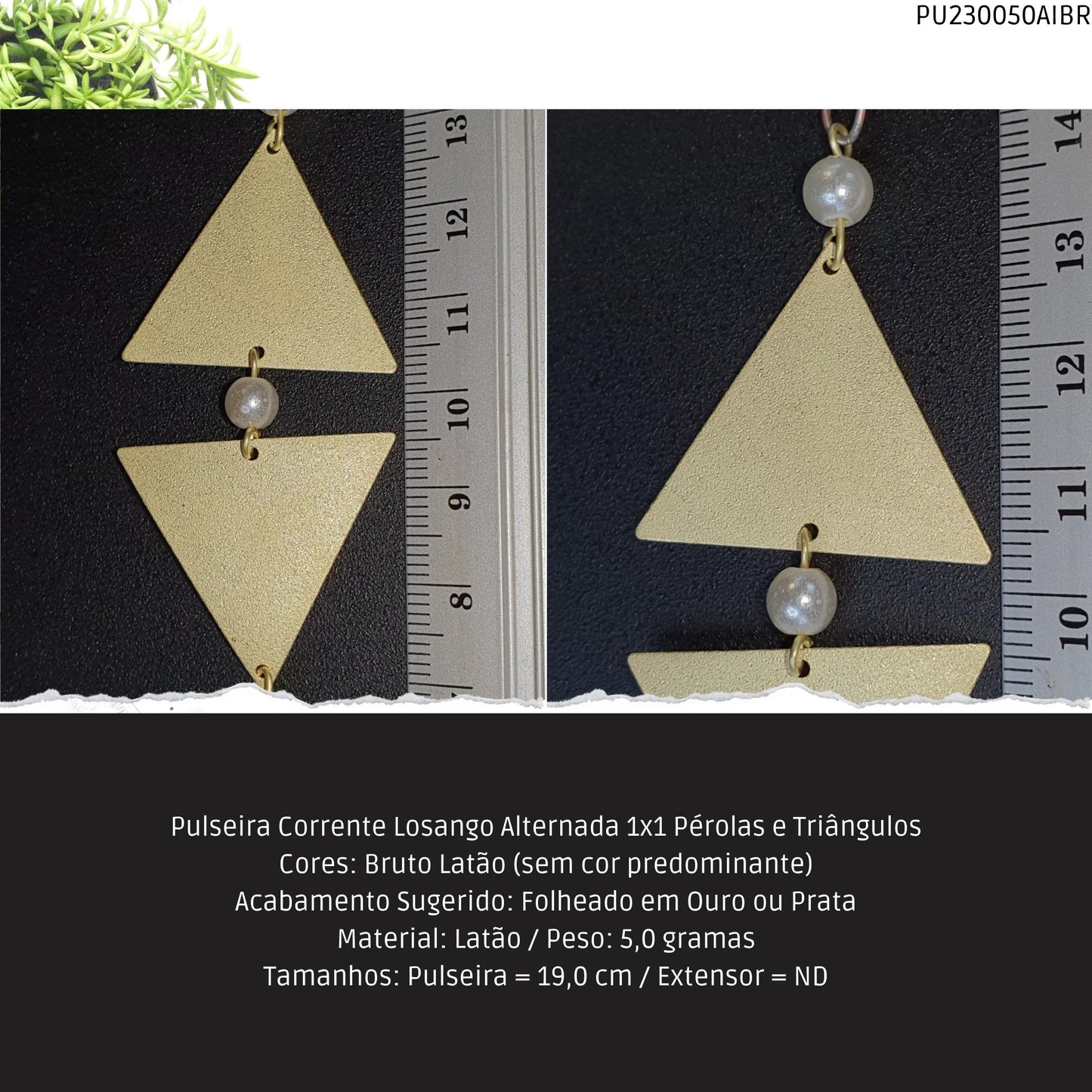 Pulseira Corrente Losango Alternada 1x1 Pérolas e Triângulos  - Código.: PU230050AIBR  - Peso.: 5.0 gr