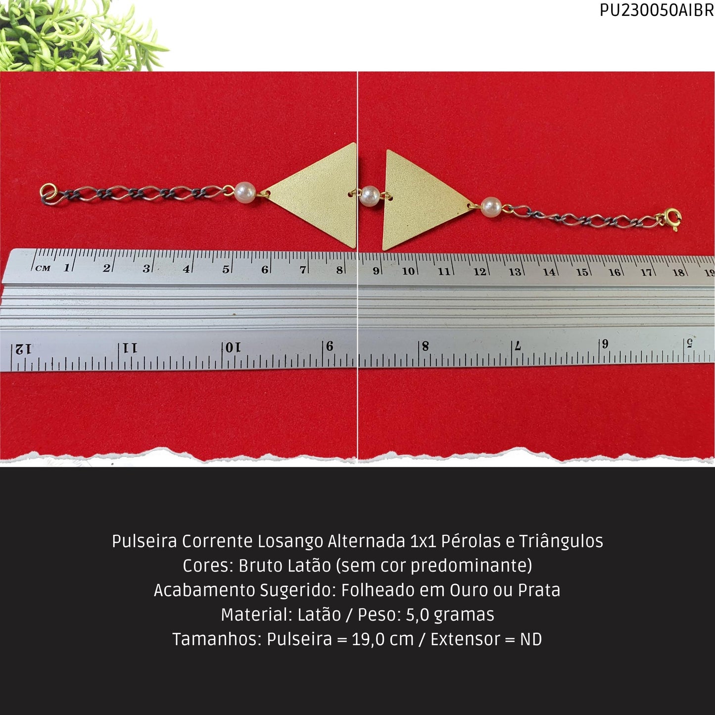 Pulseira Corrente Losango Alternada 1x1 Pérolas e Triângulos  - Código.: PU230050AIBR  - Peso.: 5.0 gr