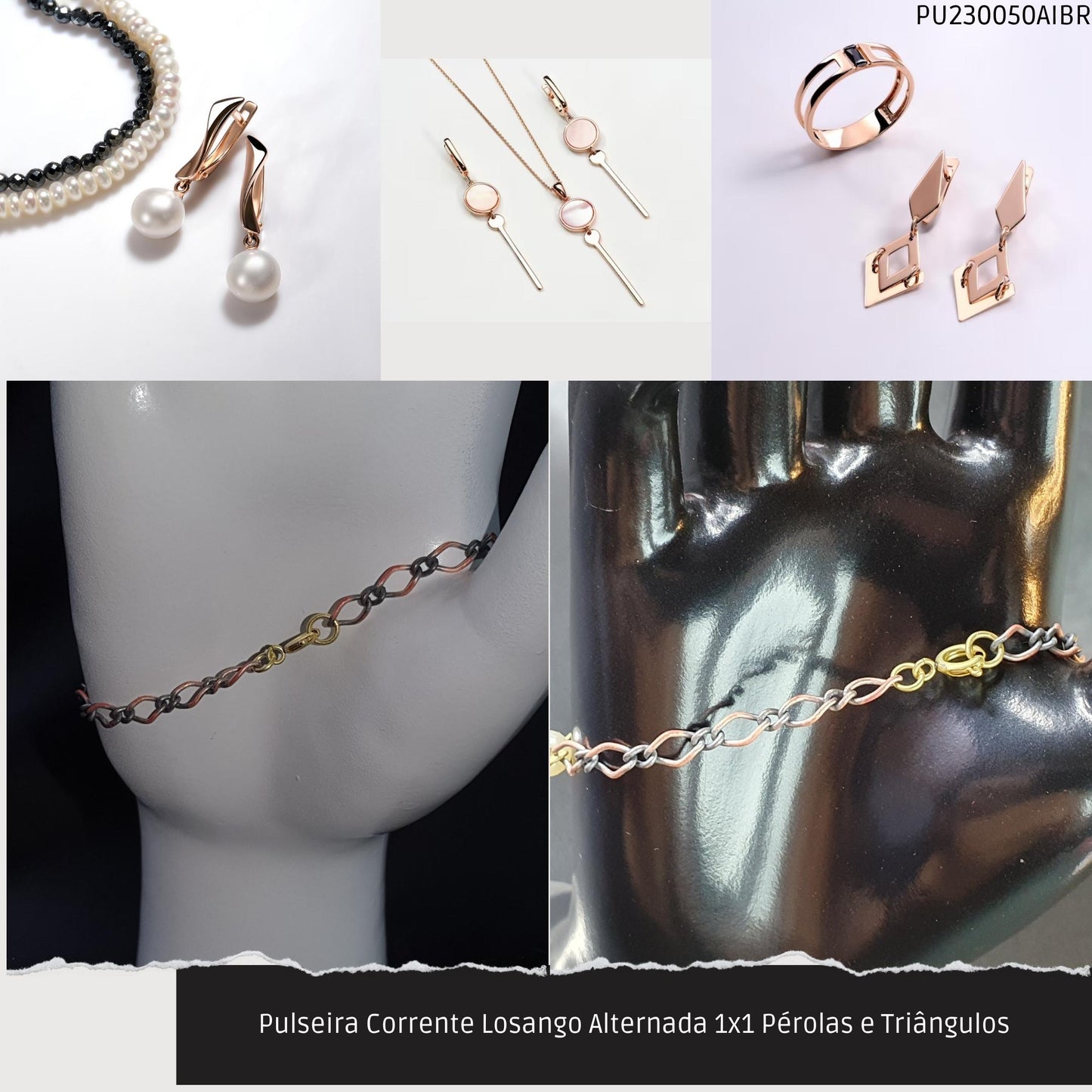 Pulseira Corrente Losango Alternada 1x1 Pérolas e Triângulos  - Código.: PU230050AIBR  - Peso.: 5.0 gr