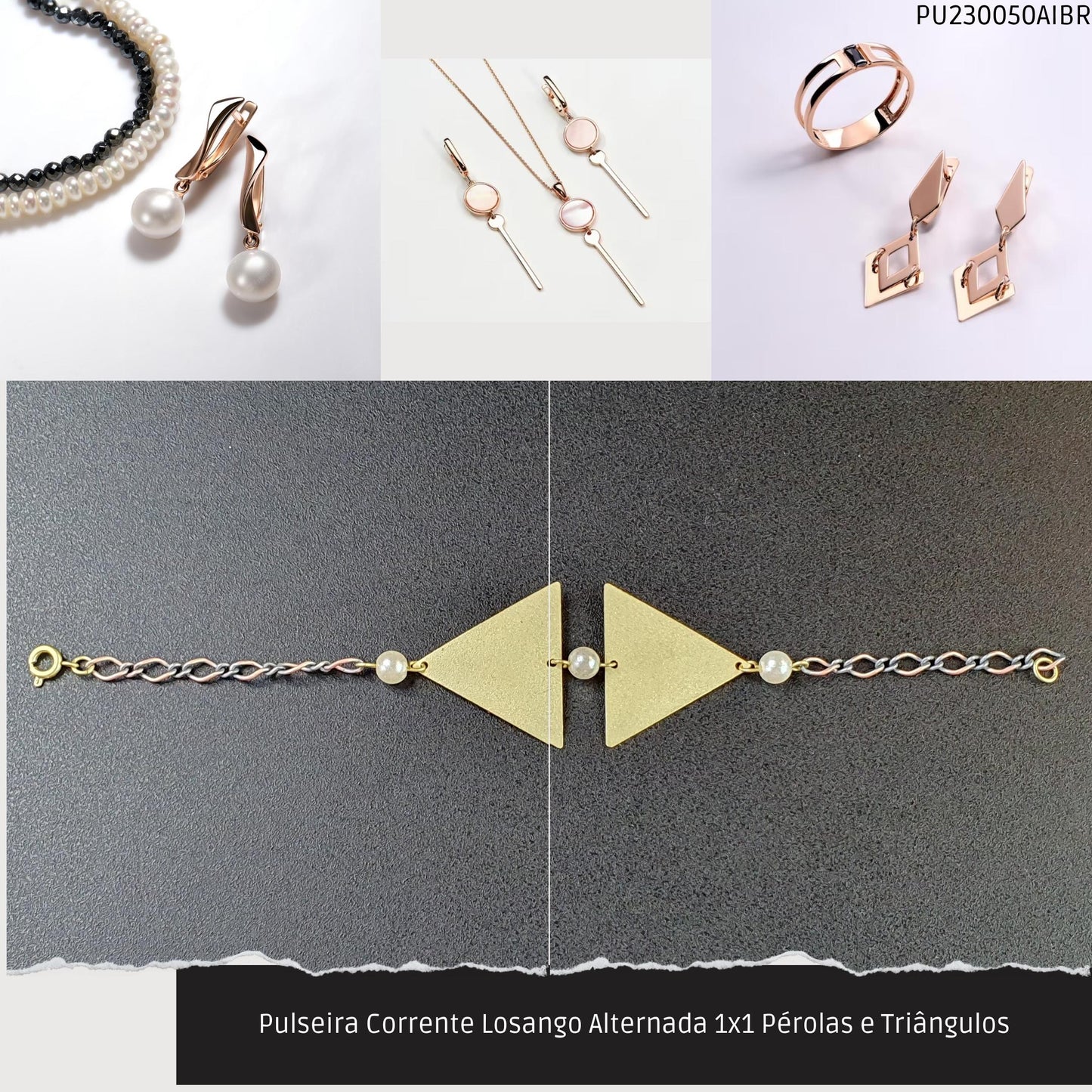 Pulseira Corrente Losango Alternada 1x1 Pérolas e Triângulos  - Código.: PU230050AIBR  - Peso.: 5.0 gr