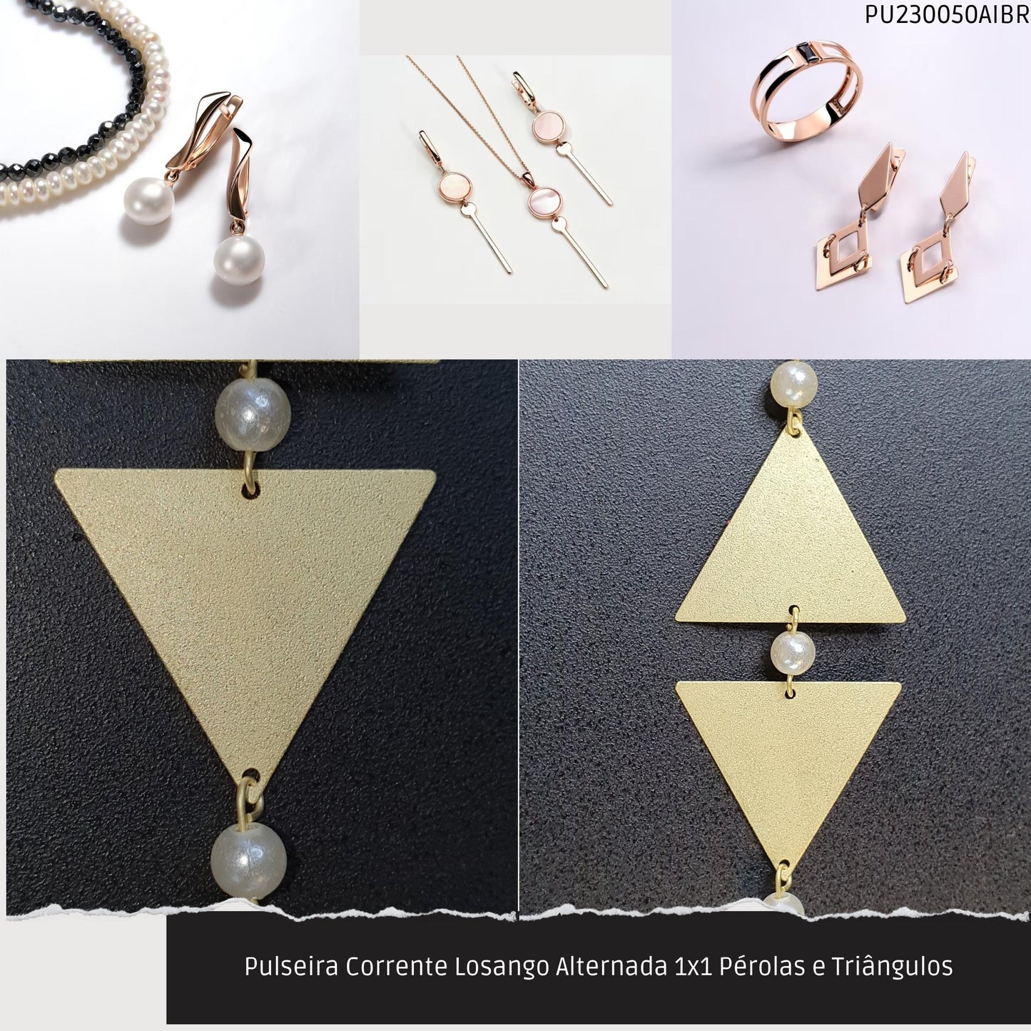 Pulseira Corrente Losango Alternada 1x1 Pérolas e Triângulos  - Código.: PU230050AIBR  - Peso.: 5.0 gr