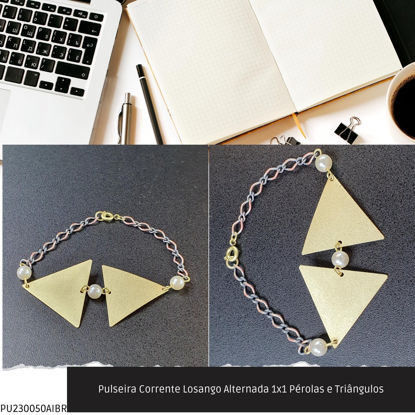 Pulseira Corrente Losango Alternada 1x1 Pérolas e Triângulos  - Código.: PU230050AIBR  - Peso.: 5.0 gr