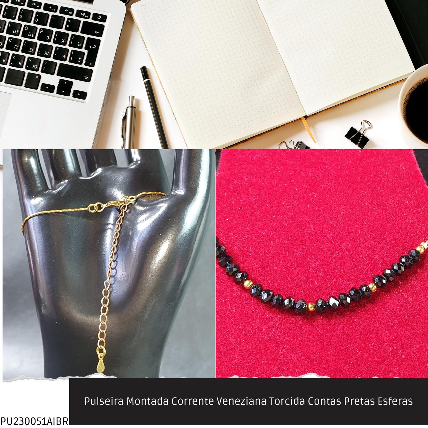 Pulseira Montada Corrente Veneziana Torcida Contas Pretas Esferas  - Código.: PU230051AIBR  - Peso.: 2.6 gr