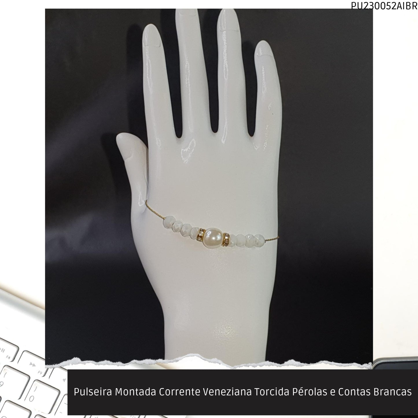 Pulseira Montada Corrente Veneziana Torcida Pérolas e Contas Brancas  - Código.: PU230052AIBR  - Peso.: 3.7 gr