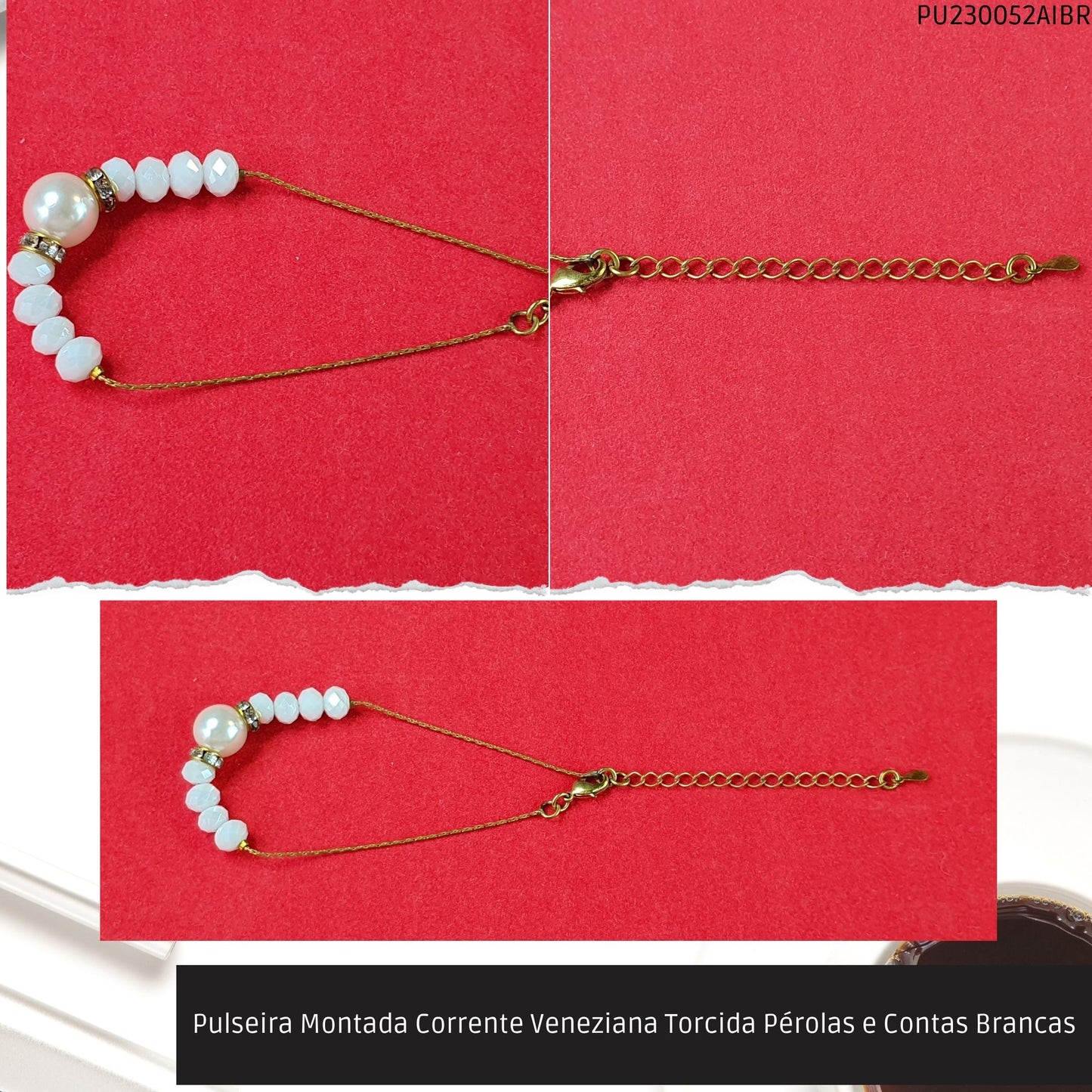 Pulseira Montada Corrente Veneziana Torcida Pérolas e Contas Brancas  - Código.: PU230052AIBR  - Peso.: 3.7 gr