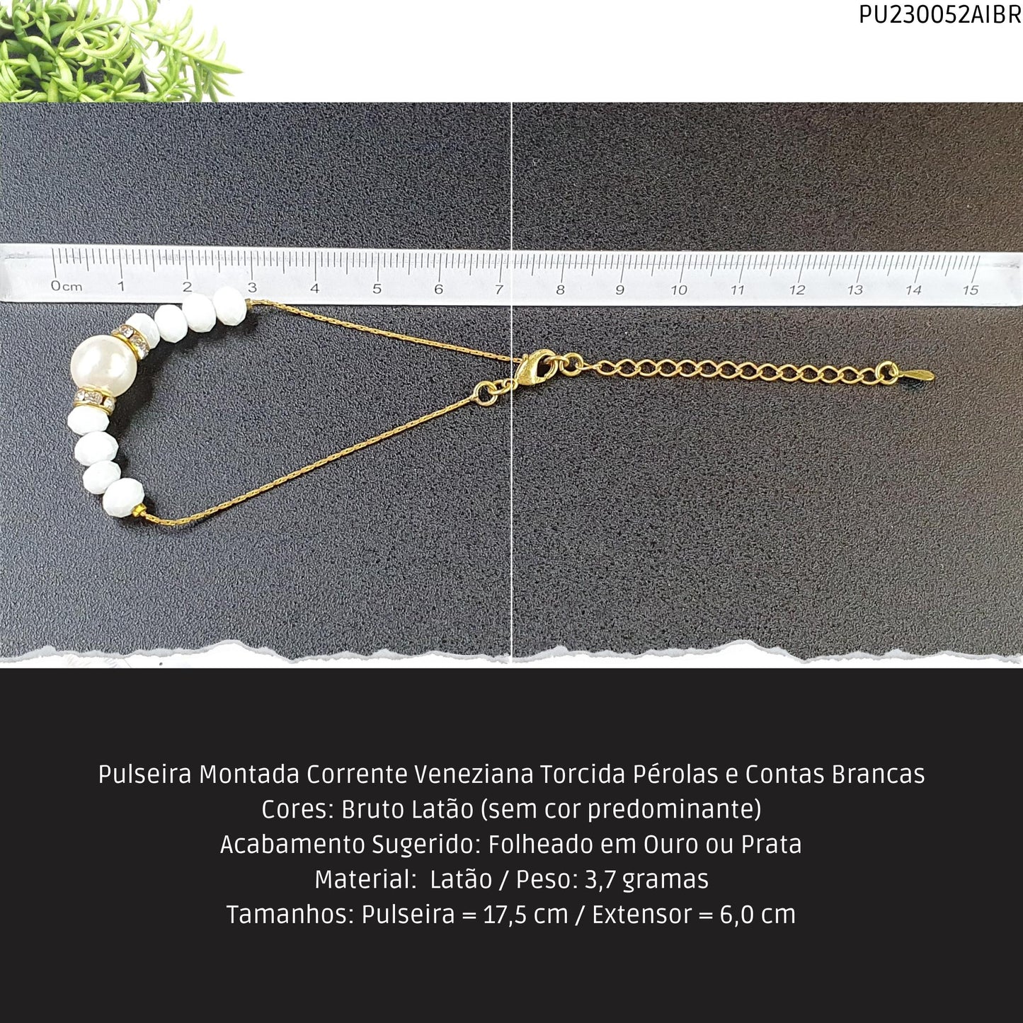 Pulseira Montada Corrente Veneziana Torcida Pérolas e Contas Brancas  - Código.: PU230052AIBR  - Peso.: 3.7 gr