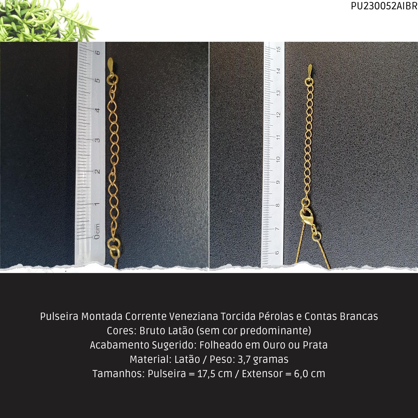 Pulseira Montada Corrente Veneziana Torcida Pérolas e Contas Brancas  - Código.: PU230052AIBR  - Peso.: 3.7 gr