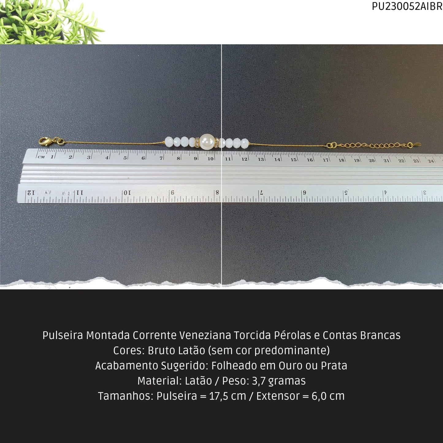 Pulseira Montada Corrente Veneziana Torcida Pérolas e Contas Brancas  - Código.: PU230052AIBR  - Peso.: 3.7 gr