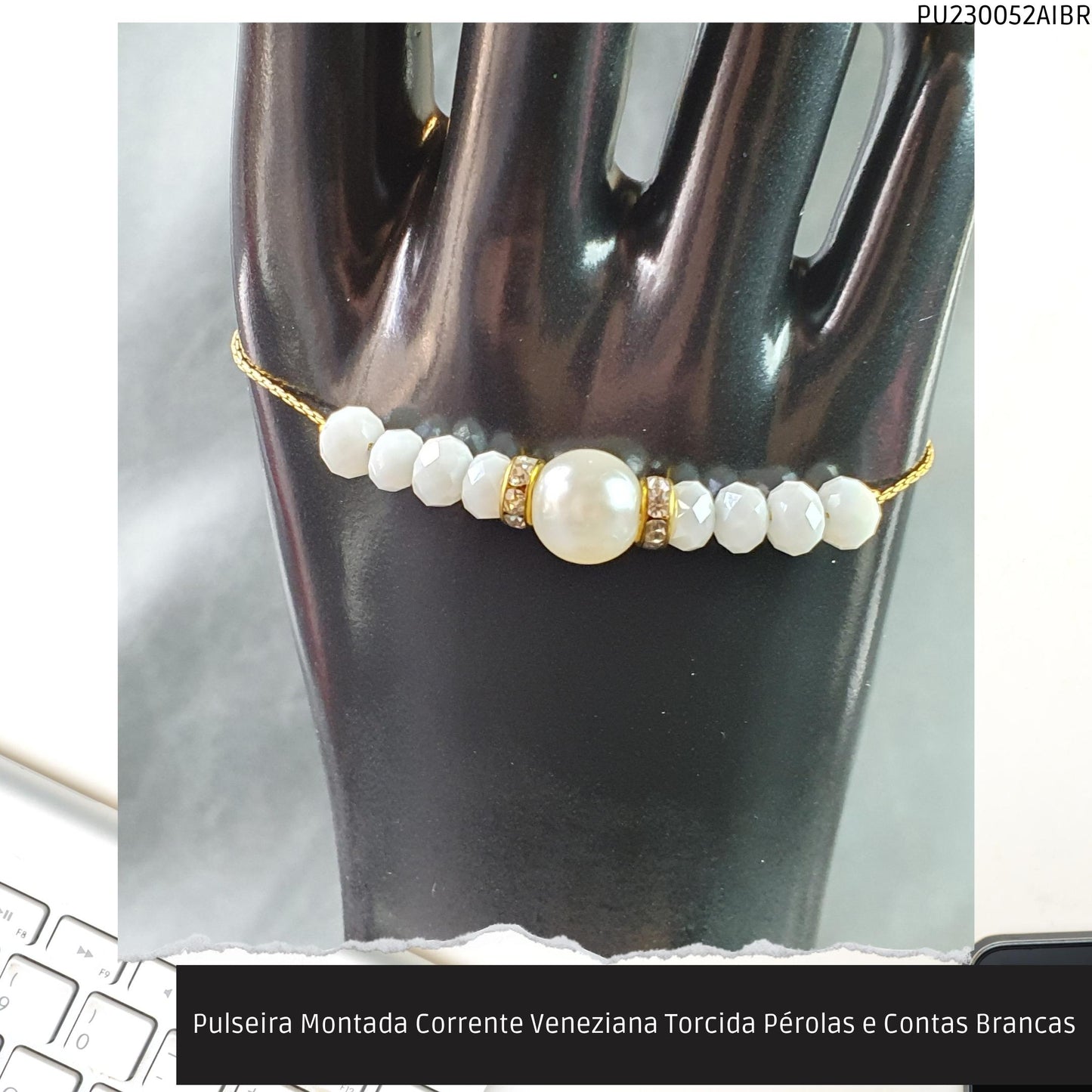 Pulseira Montada Corrente Veneziana Torcida Pérolas e Contas Brancas  - Código.: PU230052AIBR  - Peso.: 3.7 gr
