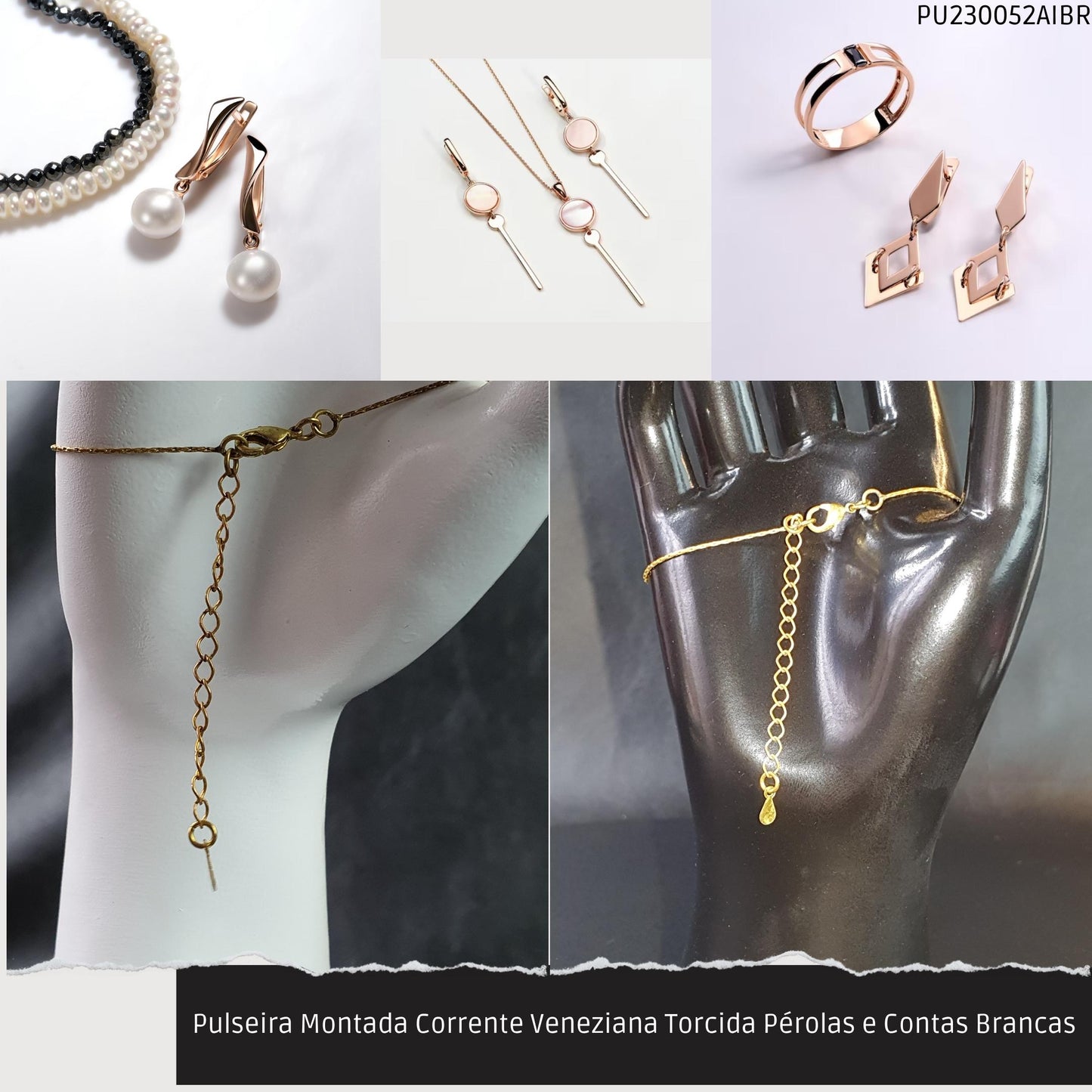 Pulseira Montada Corrente Veneziana Torcida Pérolas e Contas Brancas  - Código.: PU230052AIBR  - Peso.: 3.7 gr
