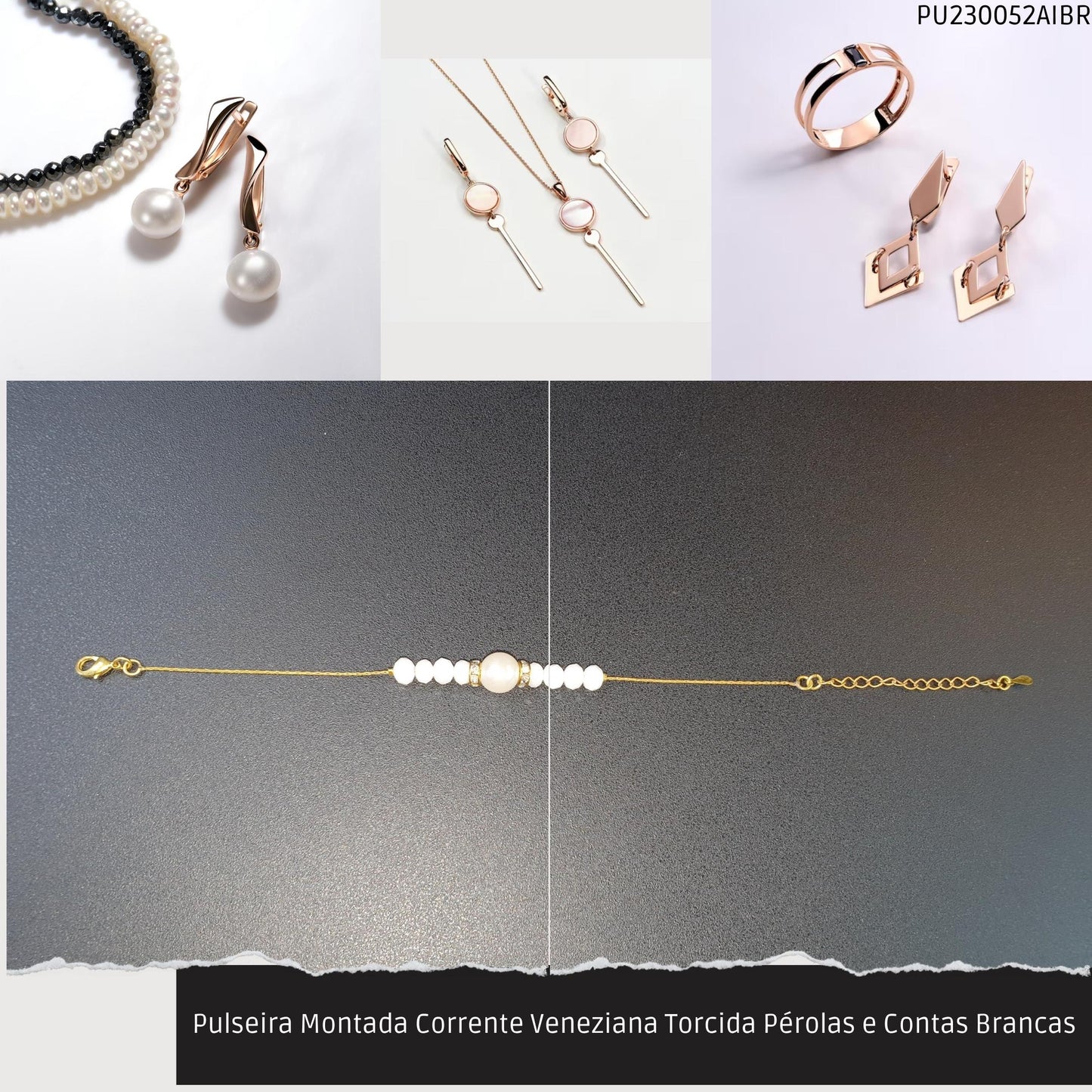 Pulseira Montada Corrente Veneziana Torcida Pérolas e Contas Brancas  - Código.: PU230052AIBR  - Peso.: 3.7 gr