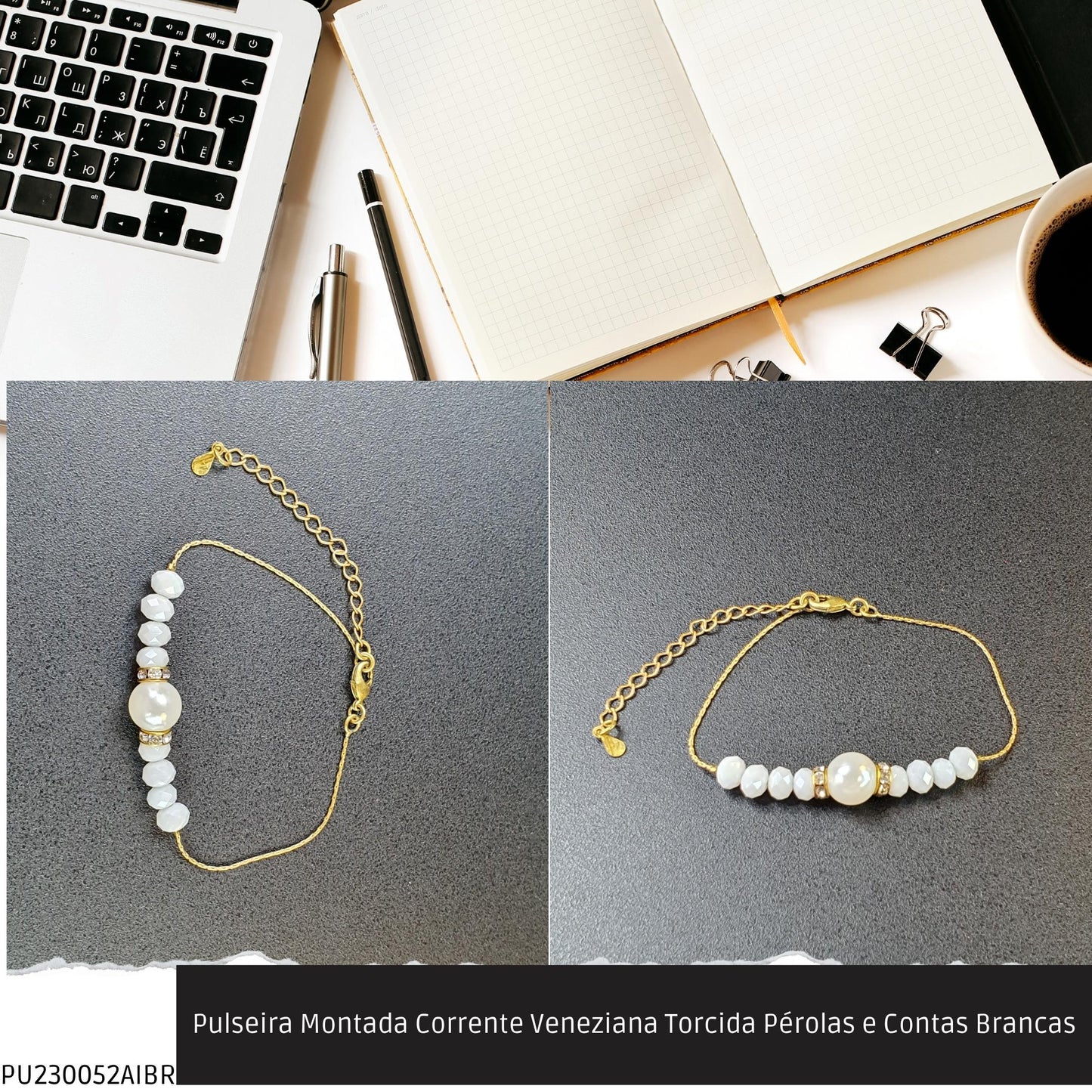 Pulseira Montada Corrente Veneziana Torcida Pérolas e Contas Brancas  - Código.: PU230052AIBR  - Peso.: 3.7 gr