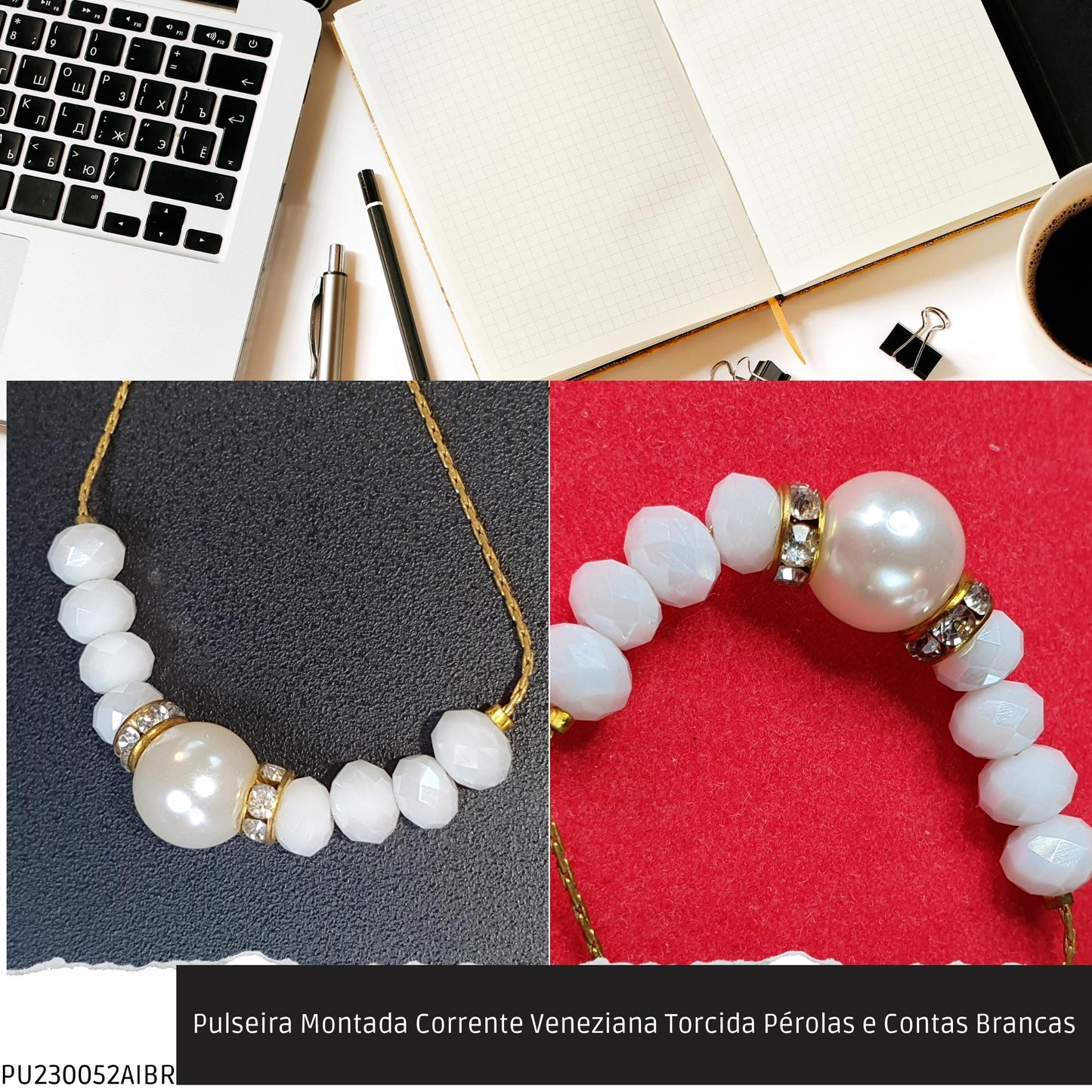 Pulseira Montada Corrente Veneziana Torcida Pérolas e Contas Brancas  - Código.: PU230052AIBR  - Peso.: 3.7 gr