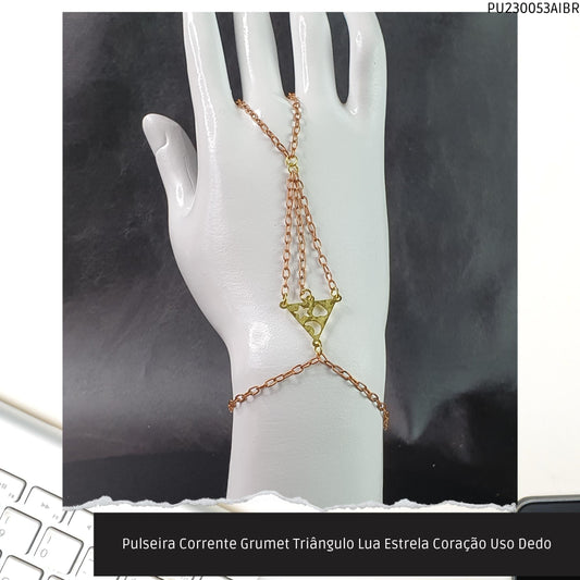Pulseira Corrente Grumet Triângulo Lua Estrela Coração Uso Dedo  - Código.: PU230053AIBR  - Peso.: 4.1 gr