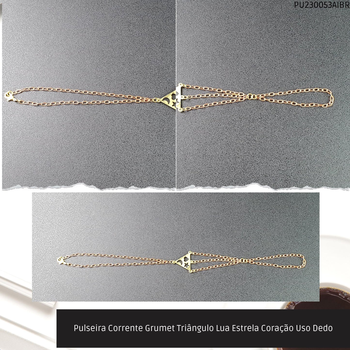Pulseira Corrente Grumet Triângulo Lua Estrela Coração Uso Dedo  - Código.: PU230053AIBR  - Peso.: 4.1 gr