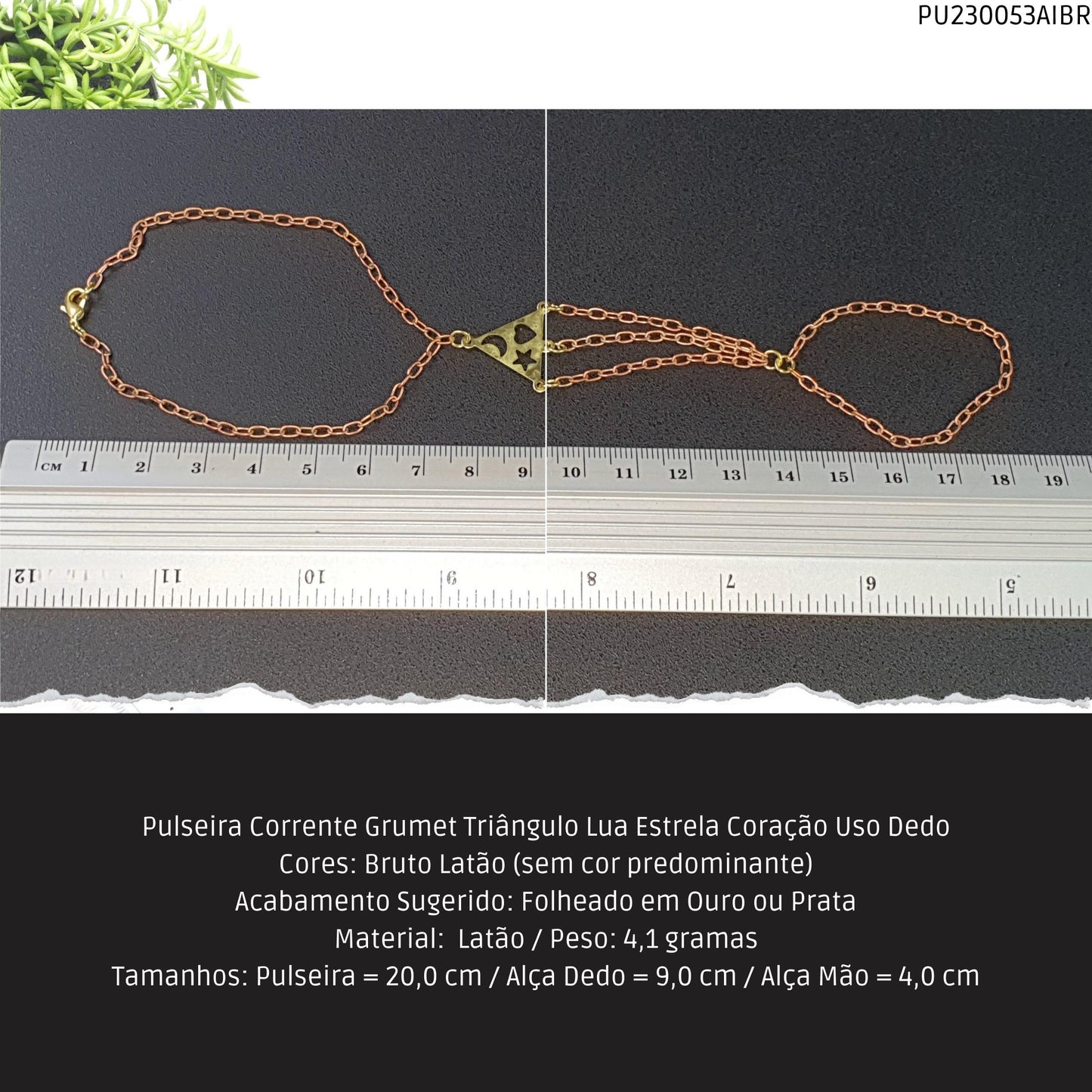 Pulseira Corrente Grumet Triângulo Lua Estrela Coração Uso Dedo  - Código.: PU230053AIBR  - Peso.: 4.1 gr