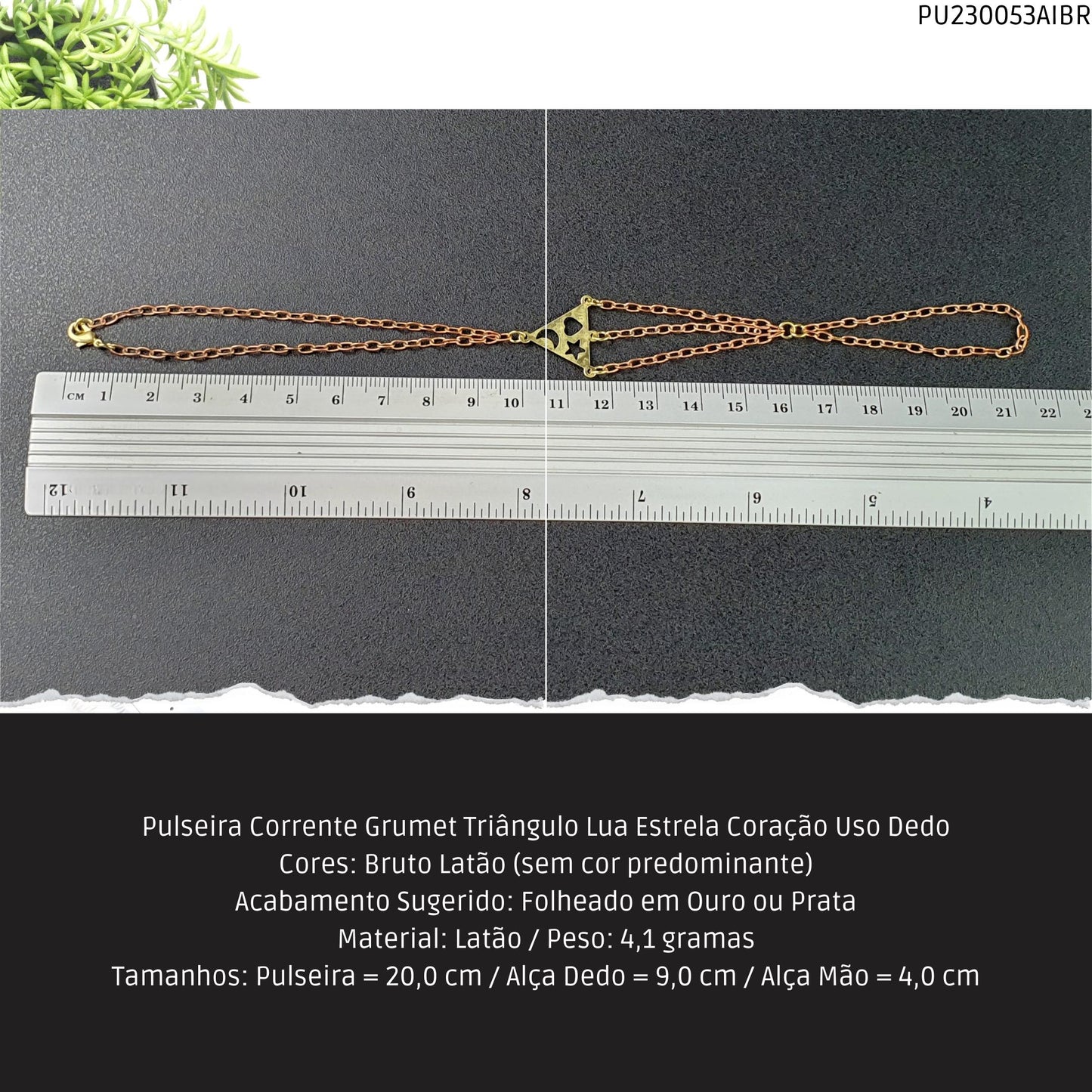 Pulseira Corrente Grumet Triângulo Lua Estrela Coração Uso Dedo  - Código.: PU230053AIBR  - Peso.: 4.1 gr