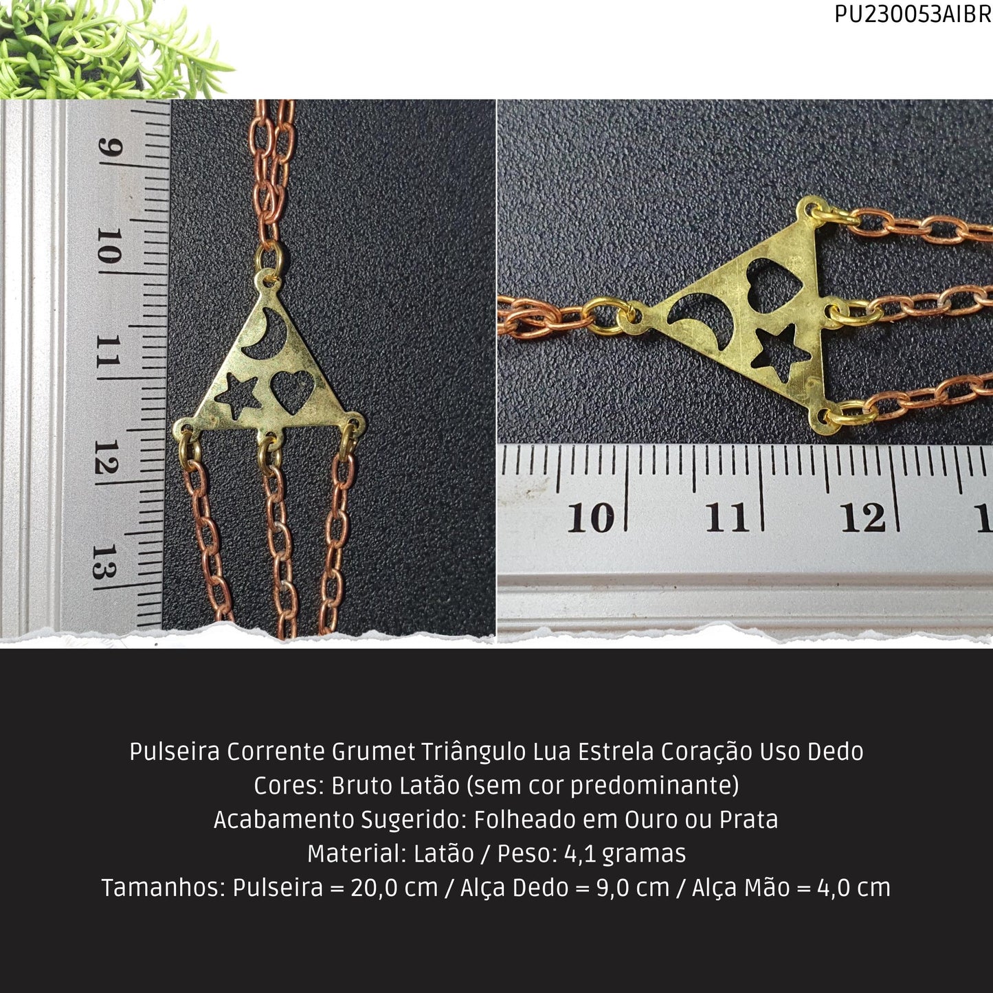 Pulseira Corrente Grumet Triângulo Lua Estrela Coração Uso Dedo  - Código.: PU230053AIBR  - Peso.: 4.1 gr
