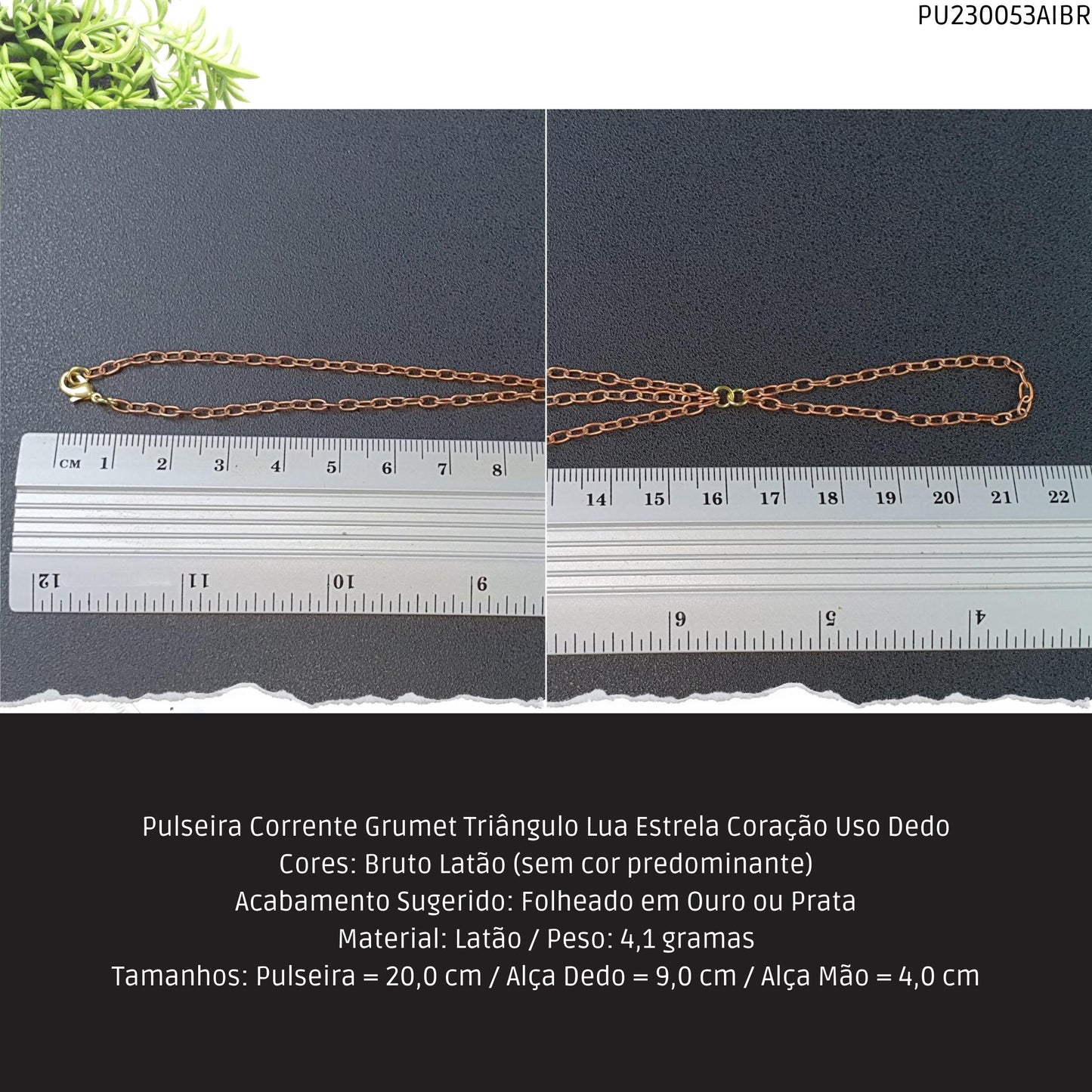 Pulseira Corrente Grumet Triângulo Lua Estrela Coração Uso Dedo  - Código.: PU230053AIBR  - Peso.: 4.1 gr
