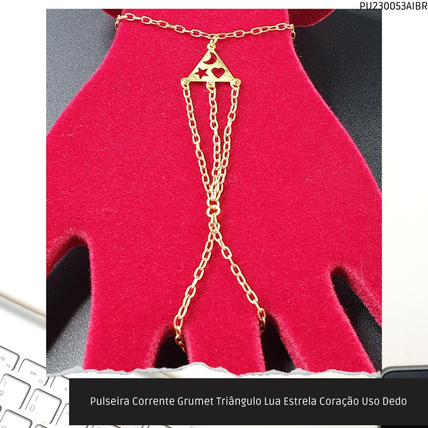 Pulseira Corrente Grumet Triângulo Lua Estrela Coração Uso Dedo  - Código.: PU230053AIBR  - Peso.: 4.1 gr
