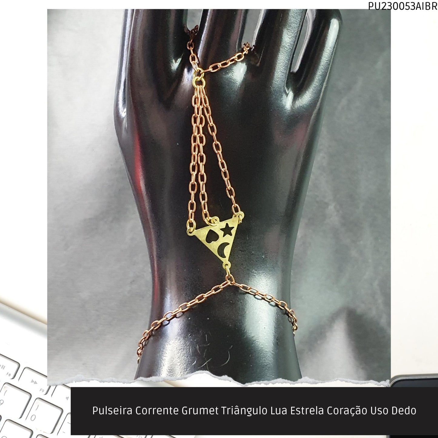 Pulseira Corrente Grumet Triângulo Lua Estrela Coração Uso Dedo  - Código.: PU230053AIBR  - Peso.: 4.1 gr