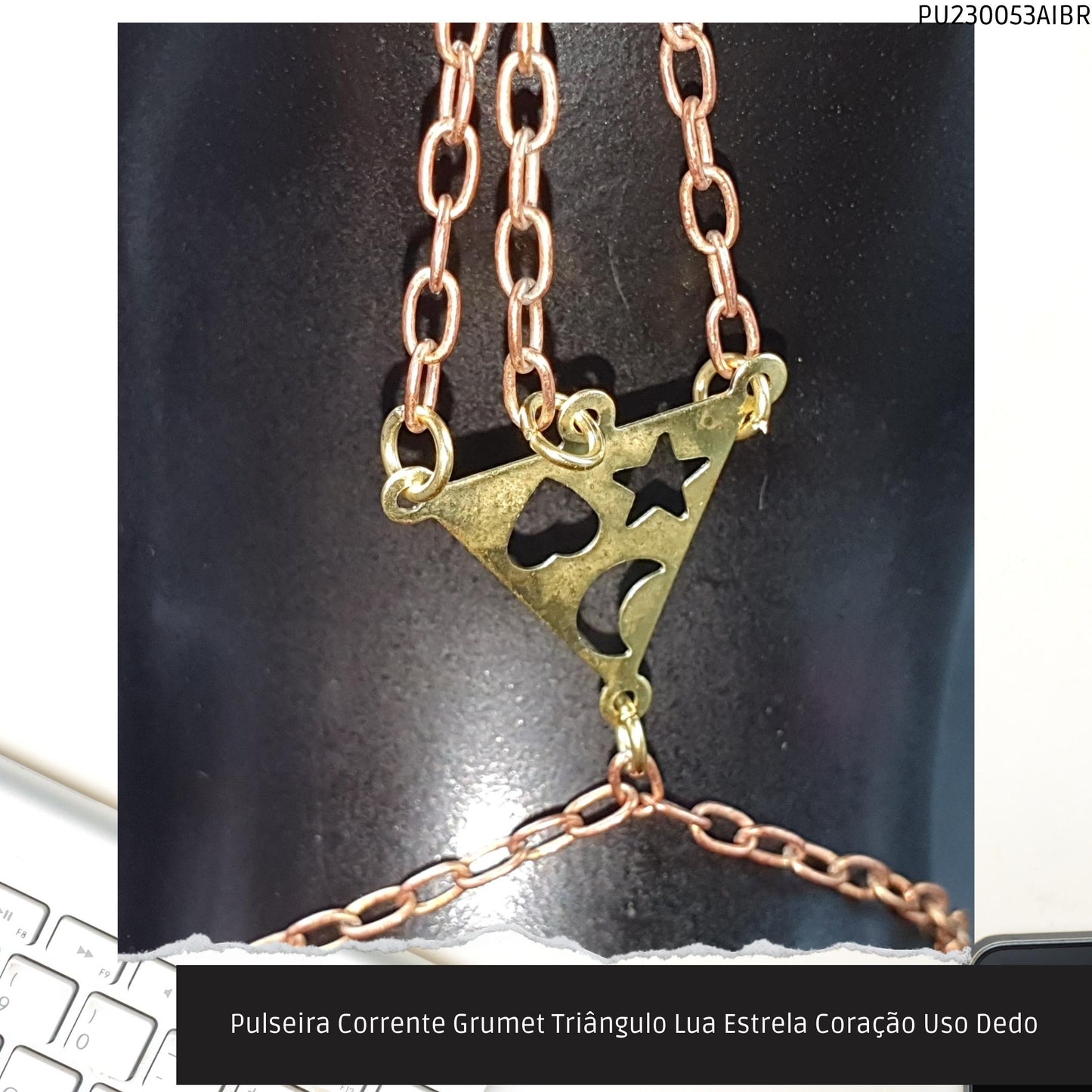 Pulseira Corrente Grumet Triângulo Lua Estrela Coração Uso Dedo  - Código.: PU230053AIBR  - Peso.: 4.1 gr