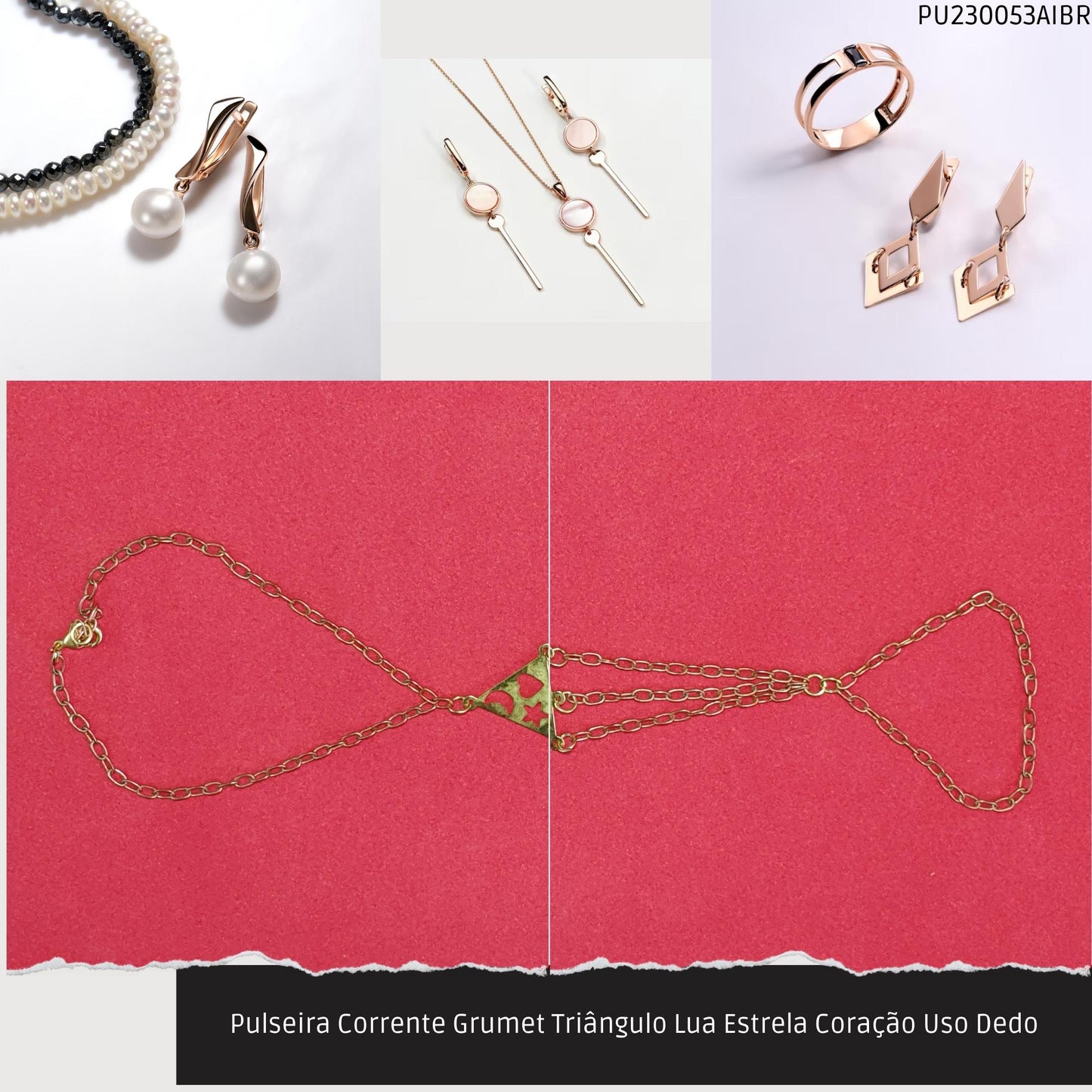 Pulseira Corrente Grumet Triângulo Lua Estrela Coração Uso Dedo  - Código.: PU230053AIBR  - Peso.: 4.1 gr