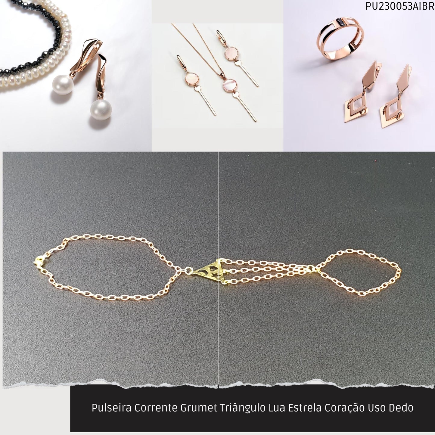 Pulseira Corrente Grumet Triângulo Lua Estrela Coração Uso Dedo  - Código.: PU230053AIBR  - Peso.: 4.1 gr