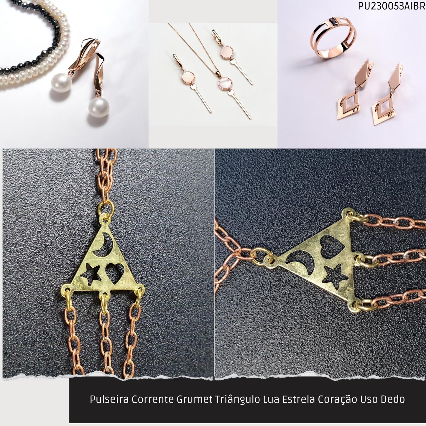 Pulseira Corrente Grumet Triângulo Lua Estrela Coração Uso Dedo  - Código.: PU230053AIBR  - Peso.: 4.1 gr
