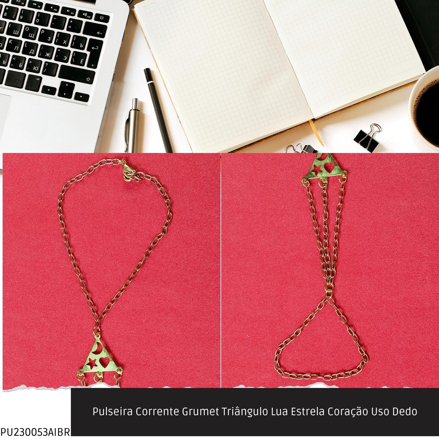 Pulseira Corrente Grumet Triângulo Lua Estrela Coração Uso Dedo  - Código.: PU230053AIBR  - Peso.: 4.1 gr