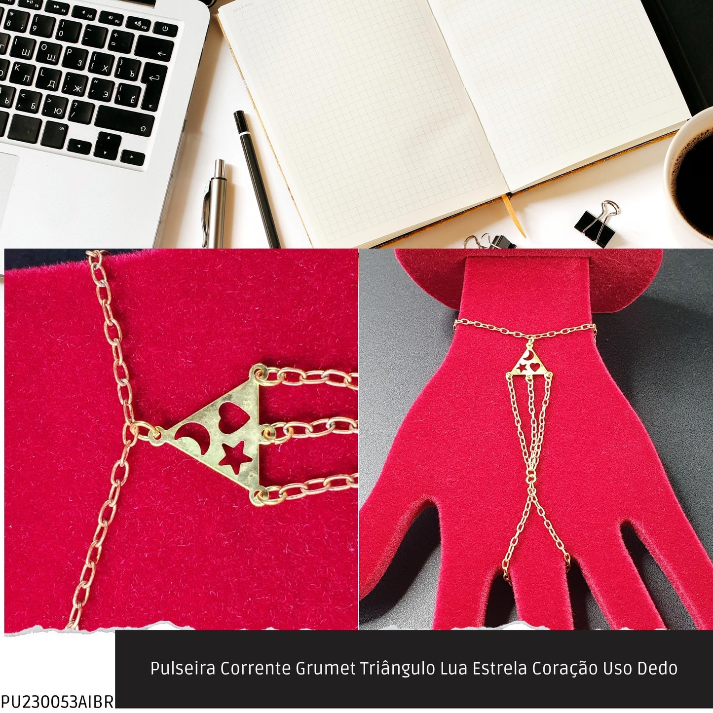 Pulseira Corrente Grumet Triângulo Lua Estrela Coração Uso Dedo  - Código.: PU230053AIBR  - Peso.: 4.1 gr