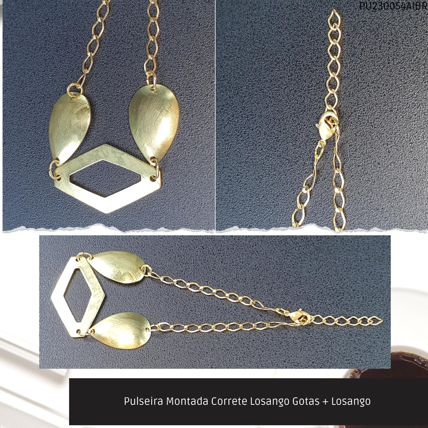 Pulseira Montada Correte Losango Gotas + Losango   - Código.: PU230054AIBR  - Peso.: 3.7 gr