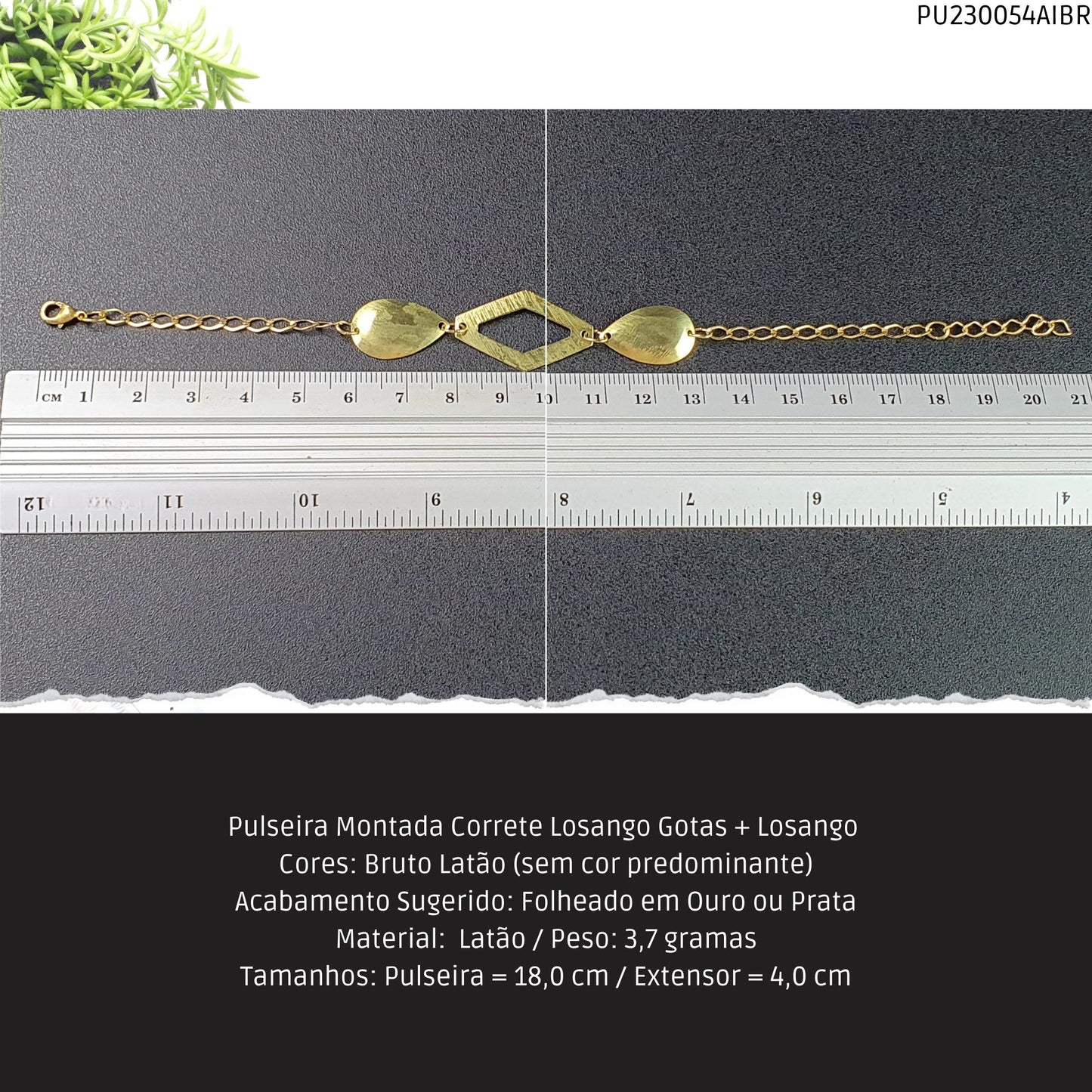 Pulseira Montada Correte Losango Gotas + Losango   - Código.: PU230054AIBR  - Peso.: 3.7 gr