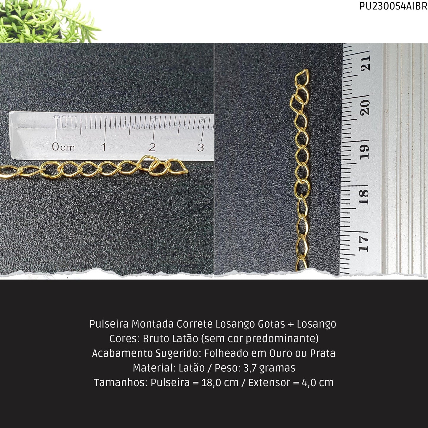 Pulseira Montada Correte Losango Gotas + Losango   - Código.: PU230054AIBR  - Peso.: 3.7 gr