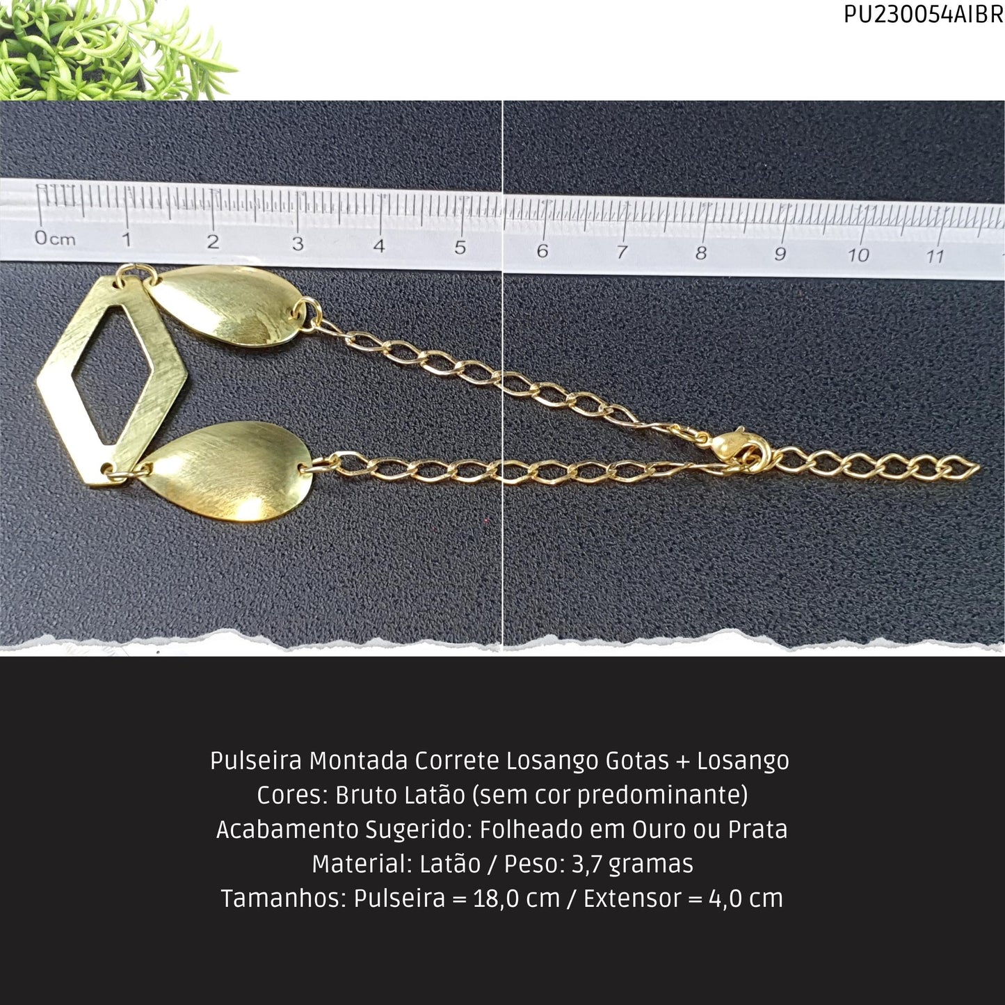 Pulseira Montada Correte Losango Gotas + Losango   - Código.: PU230054AIBR  - Peso.: 3.7 gr