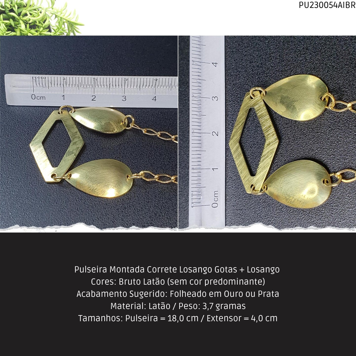 Pulseira Montada Correte Losango Gotas + Losango   - Código.: PU230054AIBR  - Peso.: 3.7 gr