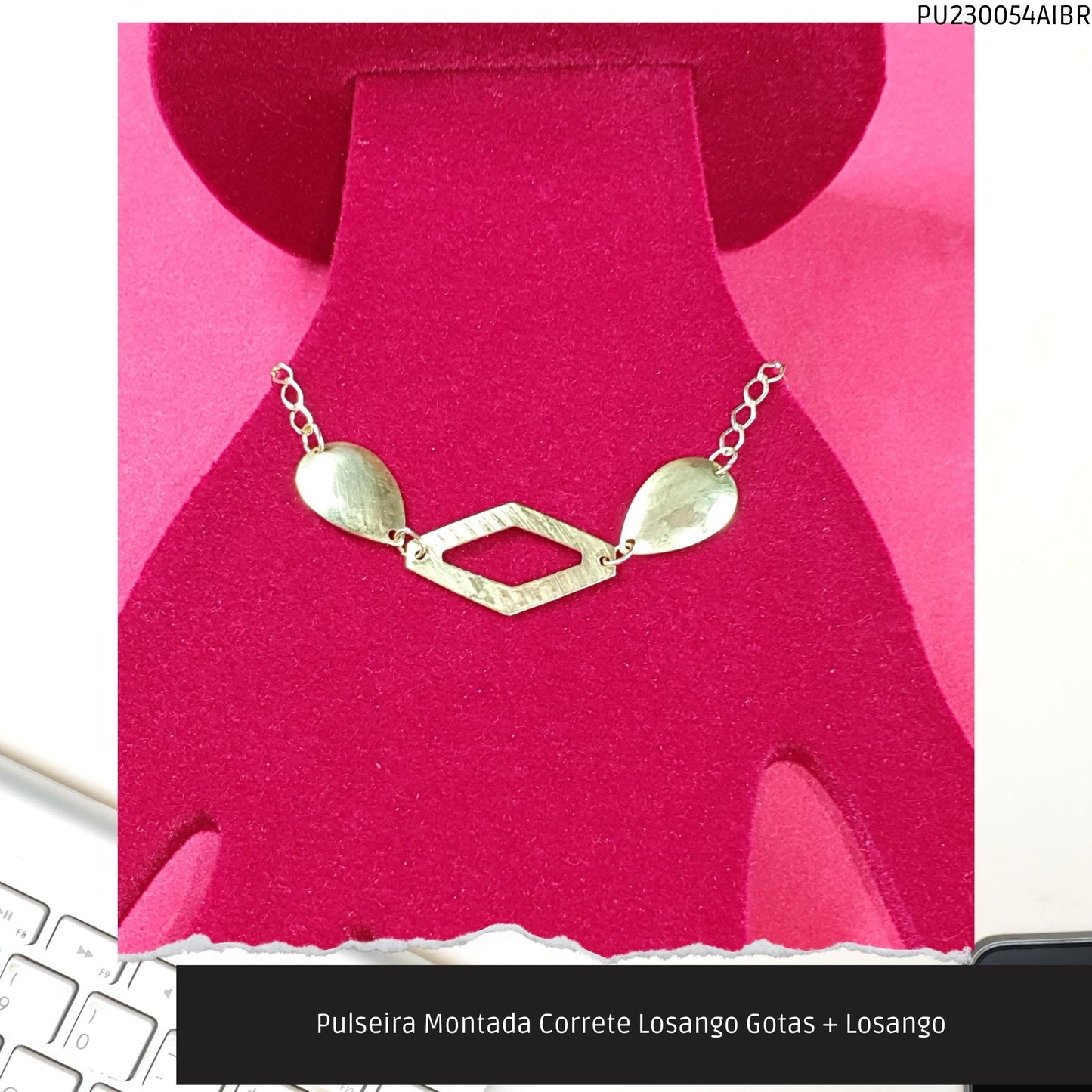 Pulseira Montada Correte Losango Gotas + Losango   - Código.: PU230054AIBR  - Peso.: 3.7 gr