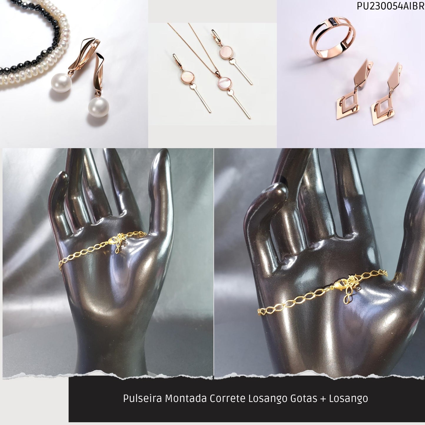 Pulseira Montada Correte Losango Gotas + Losango   - Código.: PU230054AIBR  - Peso.: 3.7 gr
