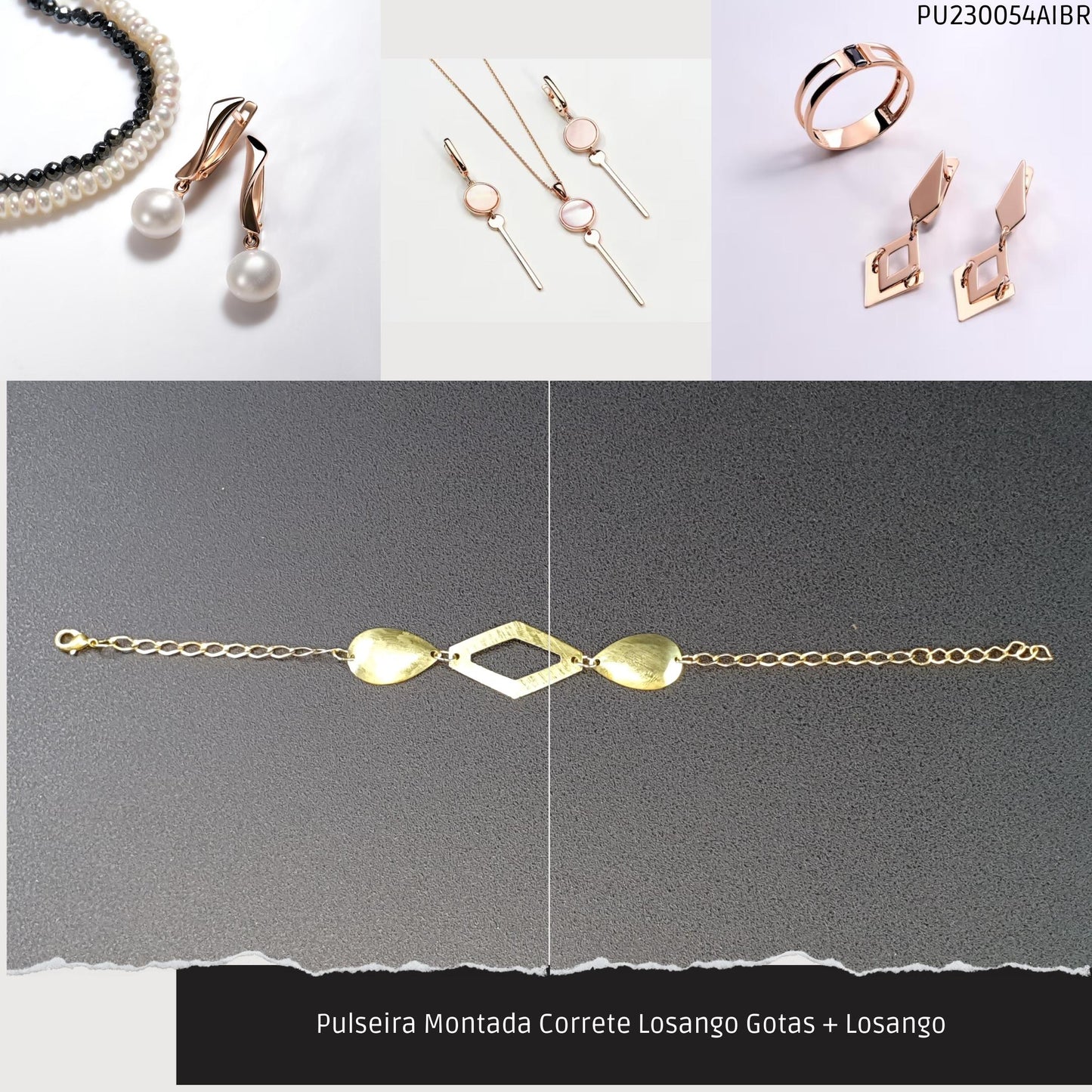 Pulseira Montada Correte Losango Gotas + Losango   - Código.: PU230054AIBR  - Peso.: 3.7 gr