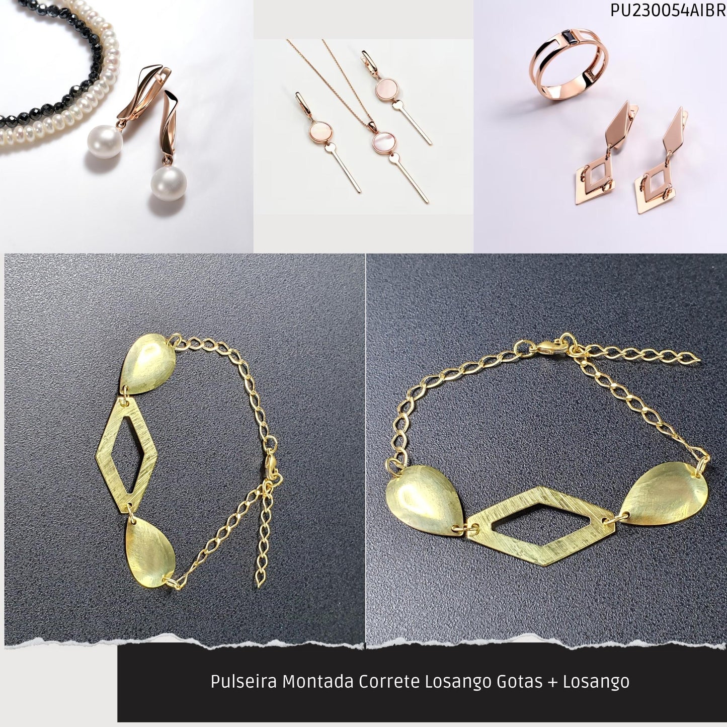 Pulseira Montada Correte Losango Gotas + Losango   - Código.: PU230054AIBR  - Peso.: 3.7 gr