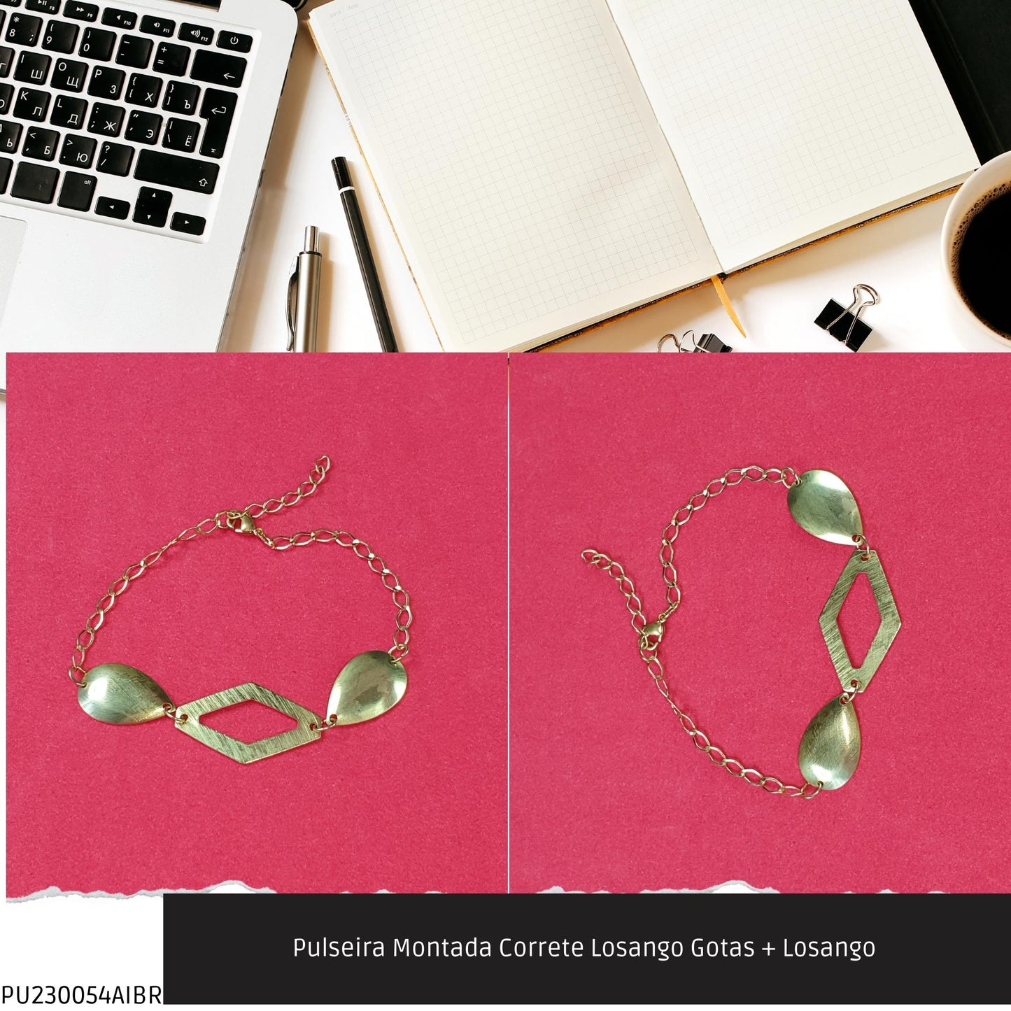 Pulseira Montada Correte Losango Gotas + Losango   - Código.: PU230054AIBR  - Peso.: 3.7 gr