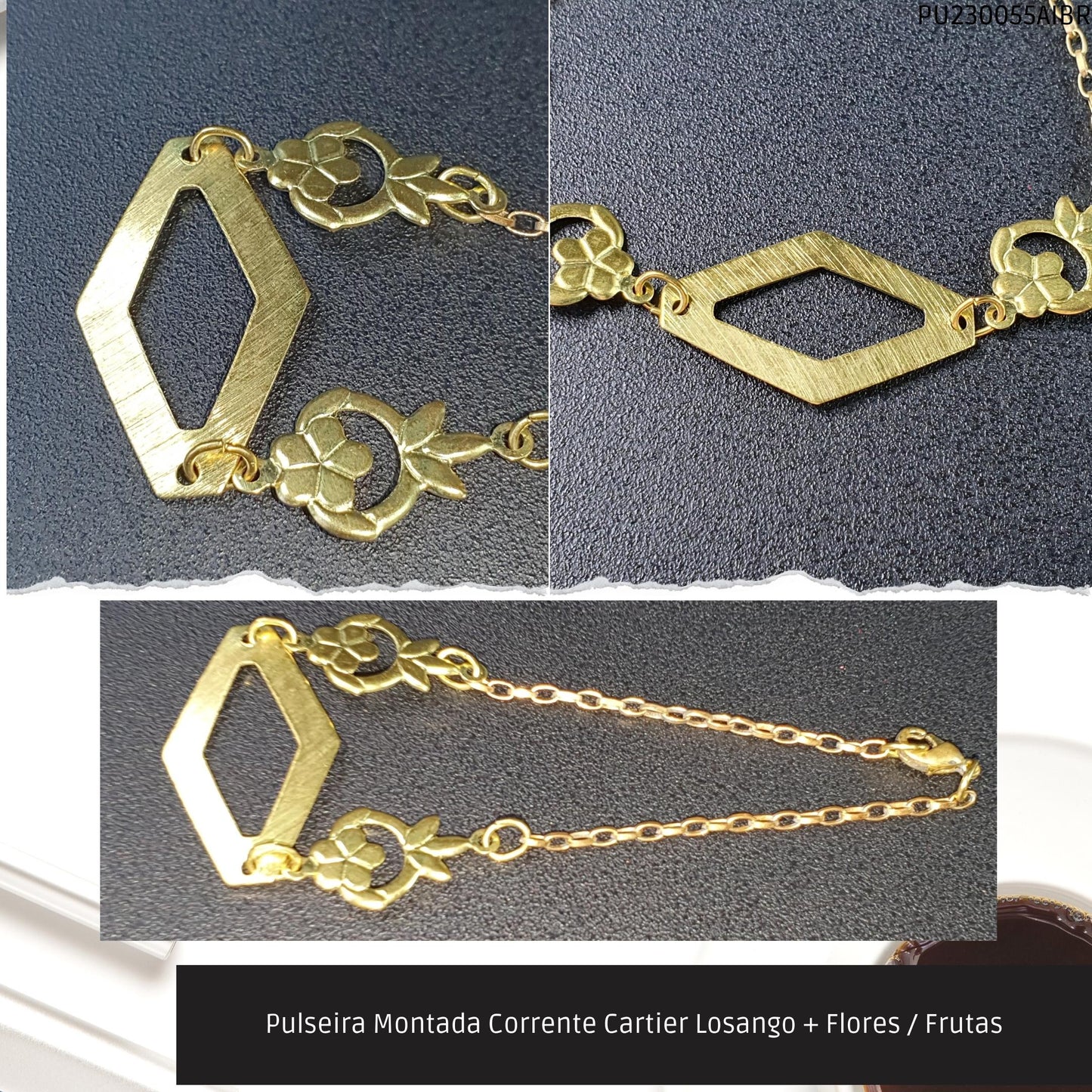Pulseira Montada Corrente Cartier Losango + Flores / Frutas  - Código.: PU230055AIBR  - Peso.: 2.6 gr