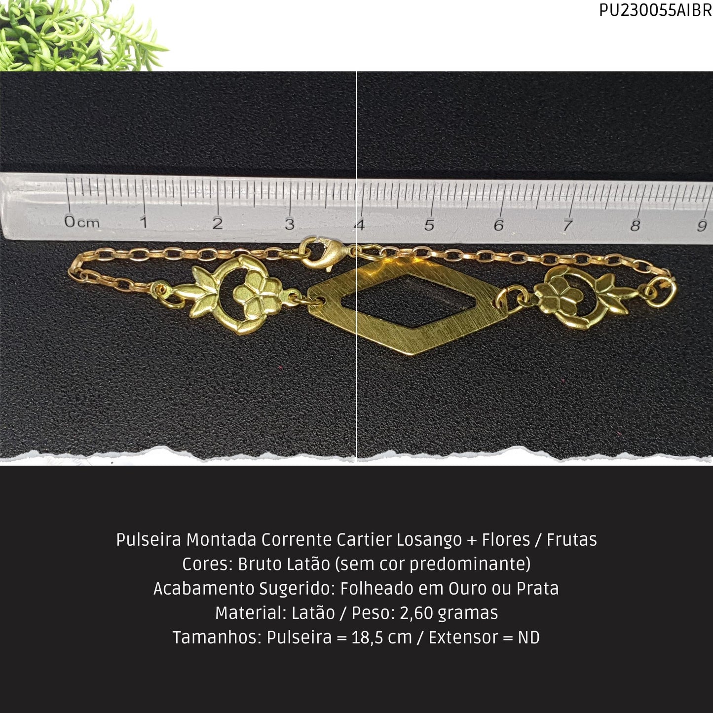 Pulseira Montada Corrente Cartier Losango + Flores / Frutas  - Código.: PU230055AIBR  - Peso.: 2.6 gr